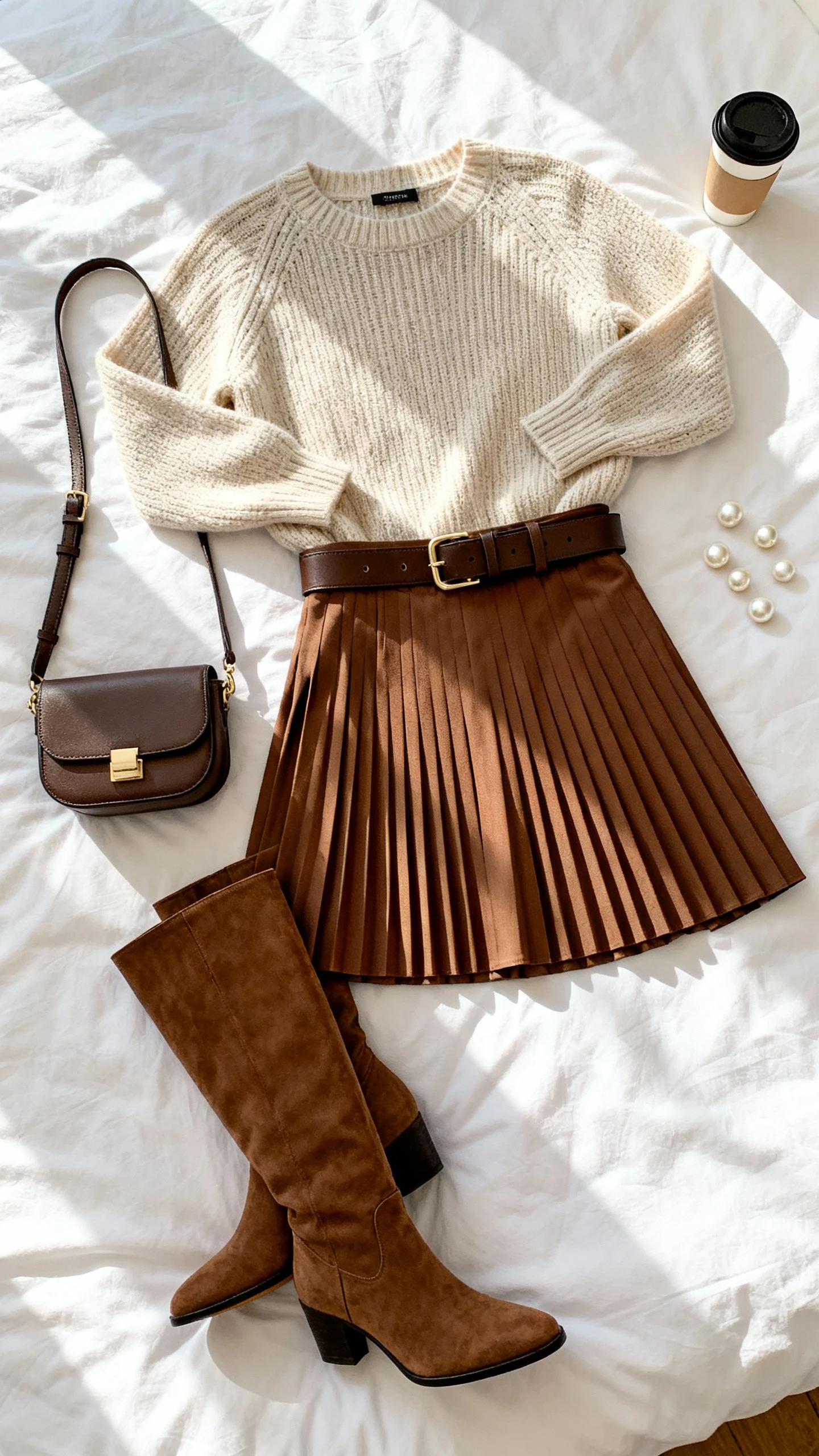 Top-down flat lay of flirty pleated mini skirt, polished fine-knit sweater, knee-high boots, structured belt, pearl studs, and a small crossbody bag on white bedspread; add a coffee cup prop, bright natural light, no person visible, organized composition, iPhone photo aesthetic.