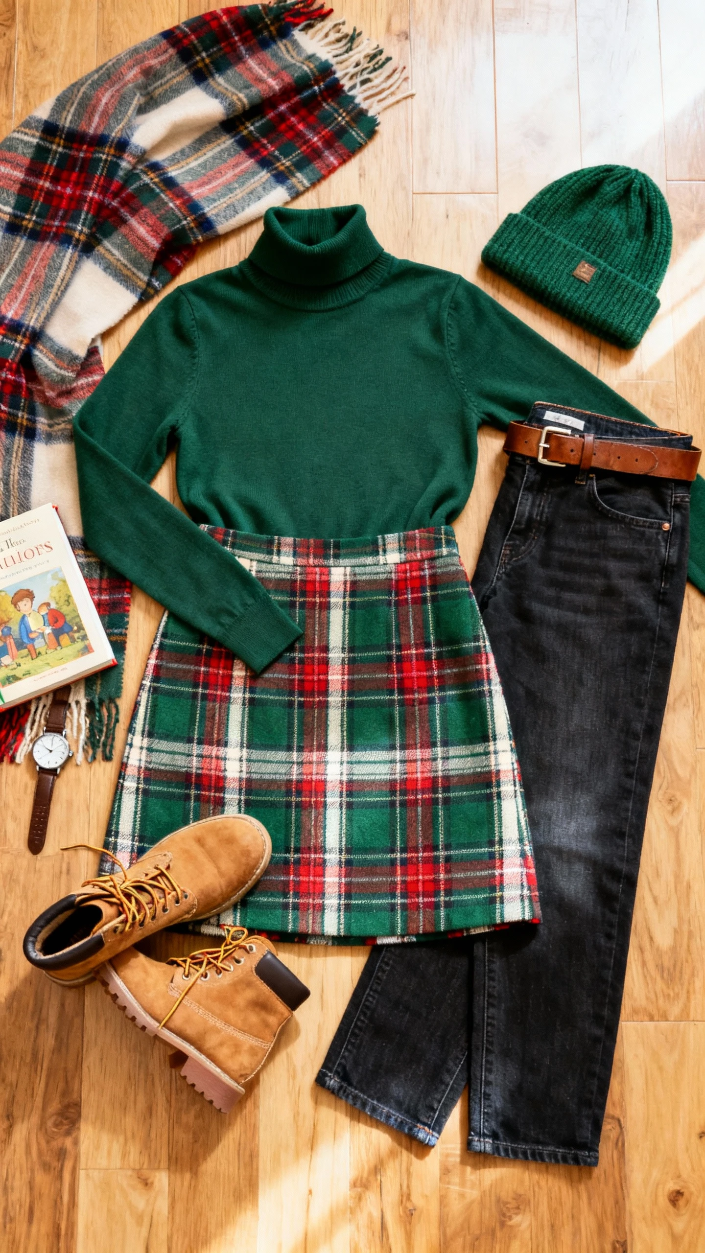 Top-down flat lay of forest green turtleneck, plaid skirt (green/red/cream), dark wash jeans option, brown leather belt, tan lace-up boots, green knit beanie, and tartan blanket scarf on wooden floor; hardcover storybook and watch as props, bright natural light, no person visible, clean organized composition, iPhone photo aesthetic.