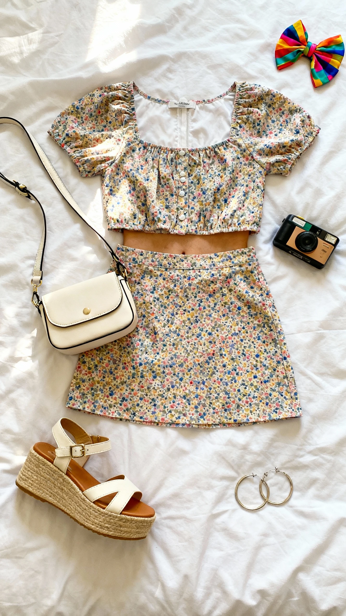 Top-down flat lay of playful matching co-ord set (cropped top + mini skirt) with platform sandals, mini shoulder bag, colorful hair bow, and hoop earrings on white bed; add a disposable camera prop, bright natural light, no person visible, organized composition, iPhone photo aesthetic.