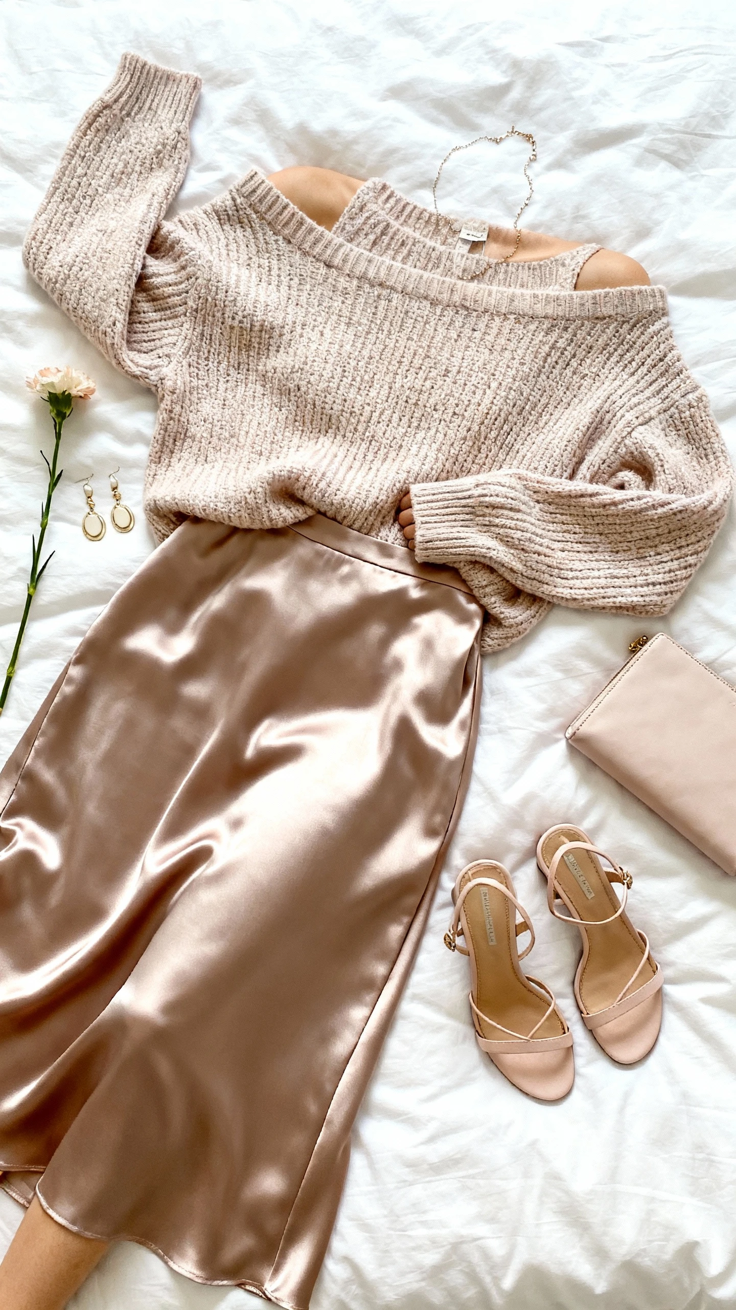 Top-down flat lay of satin midi skirt, off-shoulder knit sweater, delicate heeled sandals, dainty earrings, and a soft clutch on white bed; add a small flower stem prop, bright natural light, no person visible, organized composition, iPhone photo aesthetic.
