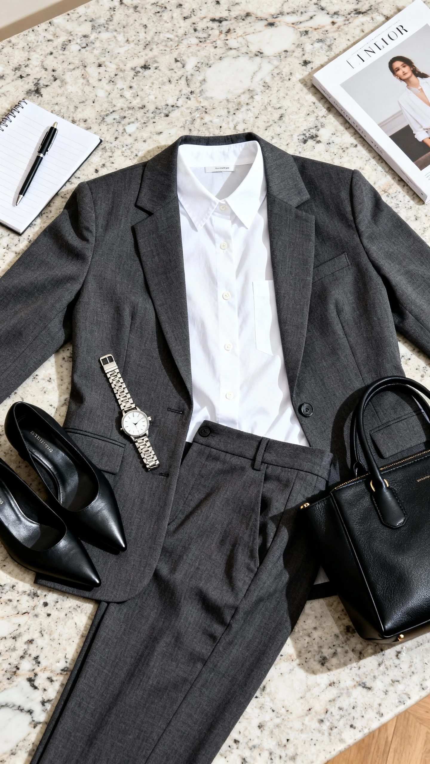 Top-down flat lay of white button-up shirt tucked beneath a charcoal gray tailored blazer and matching trousers, pointed black pumps, structured black tote, silver watch, and pen with notepad, arranged on a marble countertop with a minimal magazine as prop, bright natural light, no person visible, organized composition, iPhone photo aesthetic.