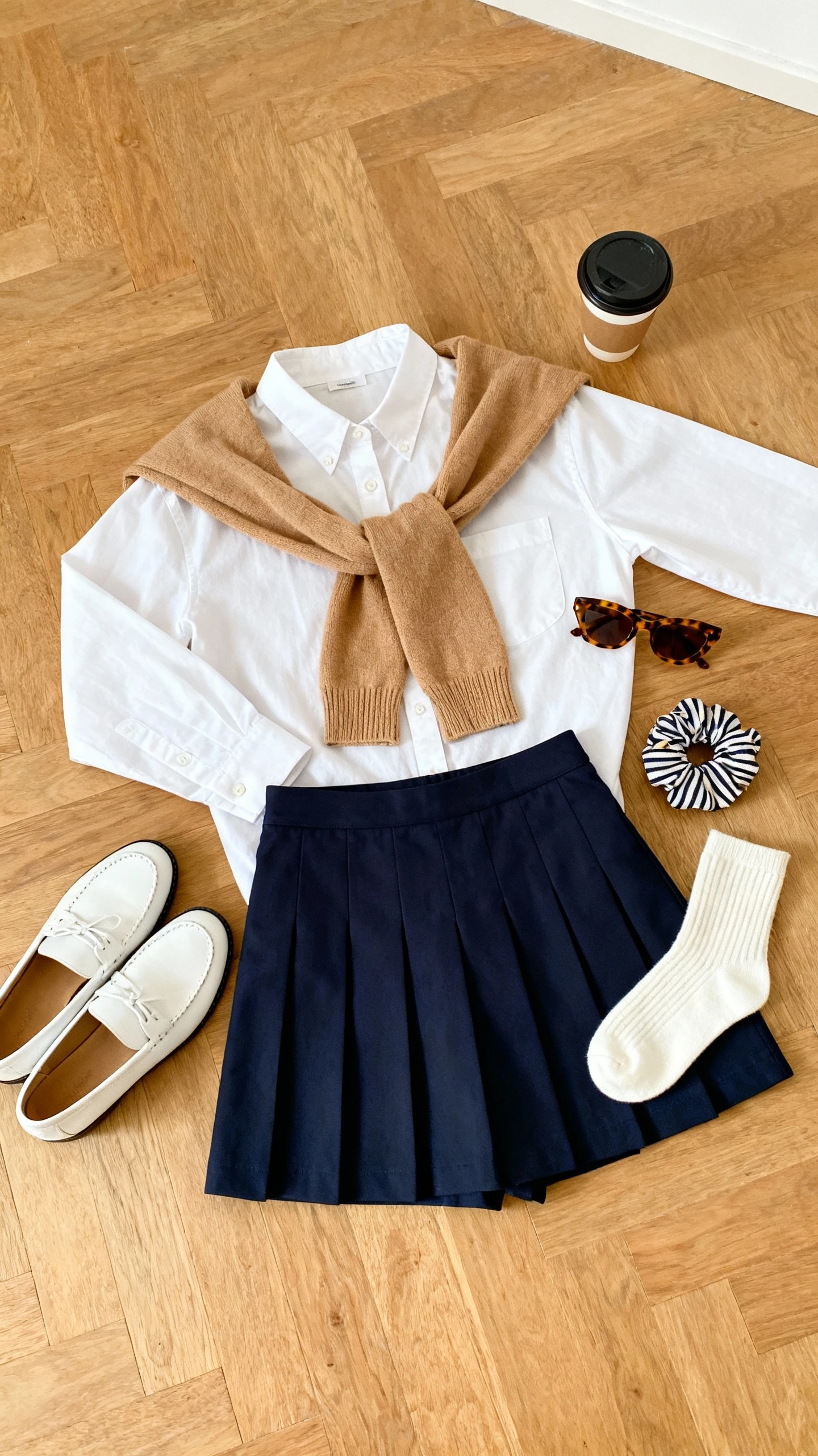 Top-down flat lay of white button-up shirt with a camel crewneck sweater draped over the shoulders, pleated navy mini skirt, white loafers, calf socks, tortoiseshell sunglasses, and a preppy striped scrunchie, arranged on a wooden floor with a coffee cup as prop, bright natural light, no person visible, organized composition, iPhone photo aesthetic.