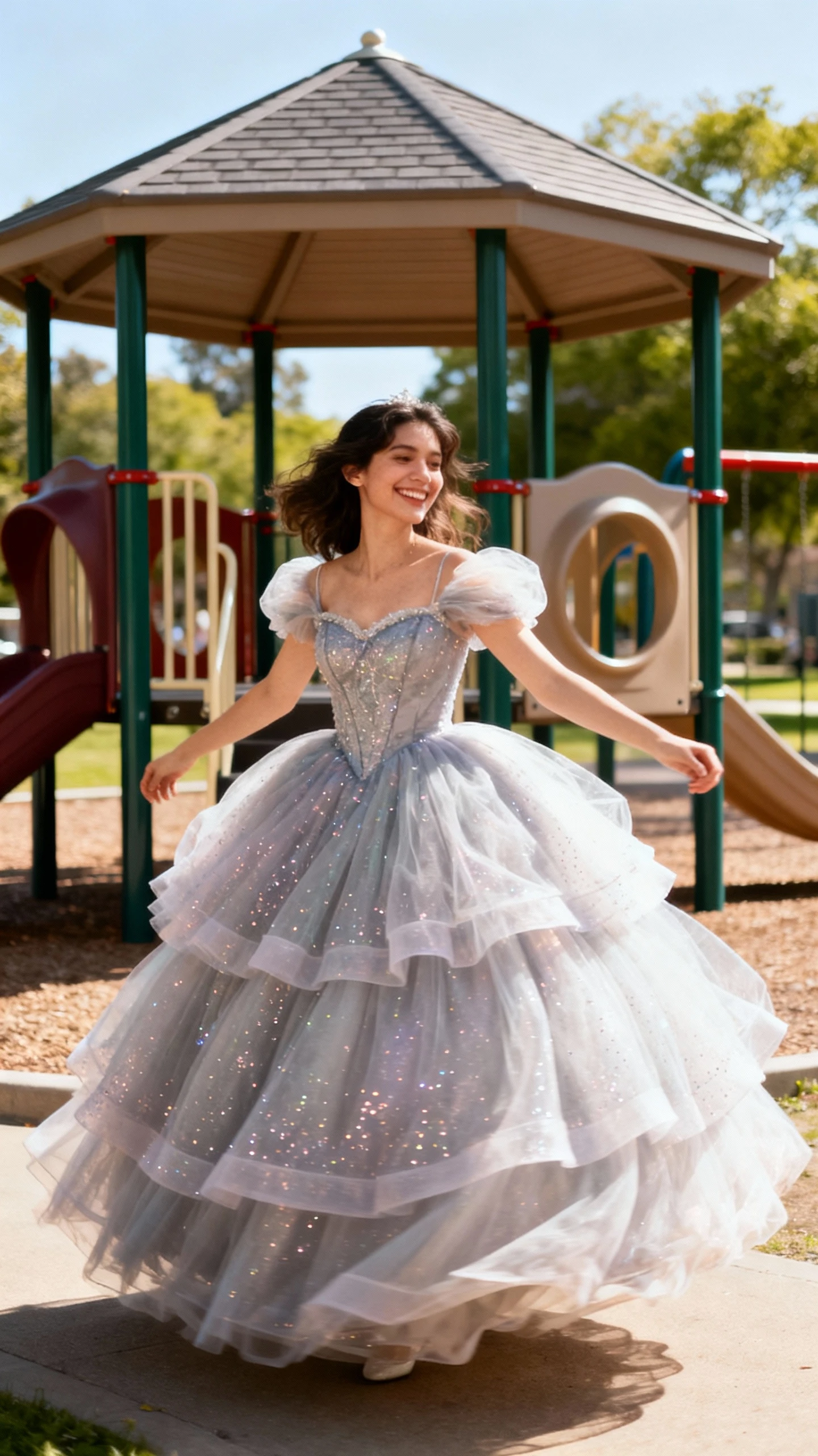 A woman wearing a fairytale tulle ball gown with layered skirt and subtle sparkle, twirling by a playground gazebo, candid smile, casual iPhone photo style, sunny day, outdoor setting.