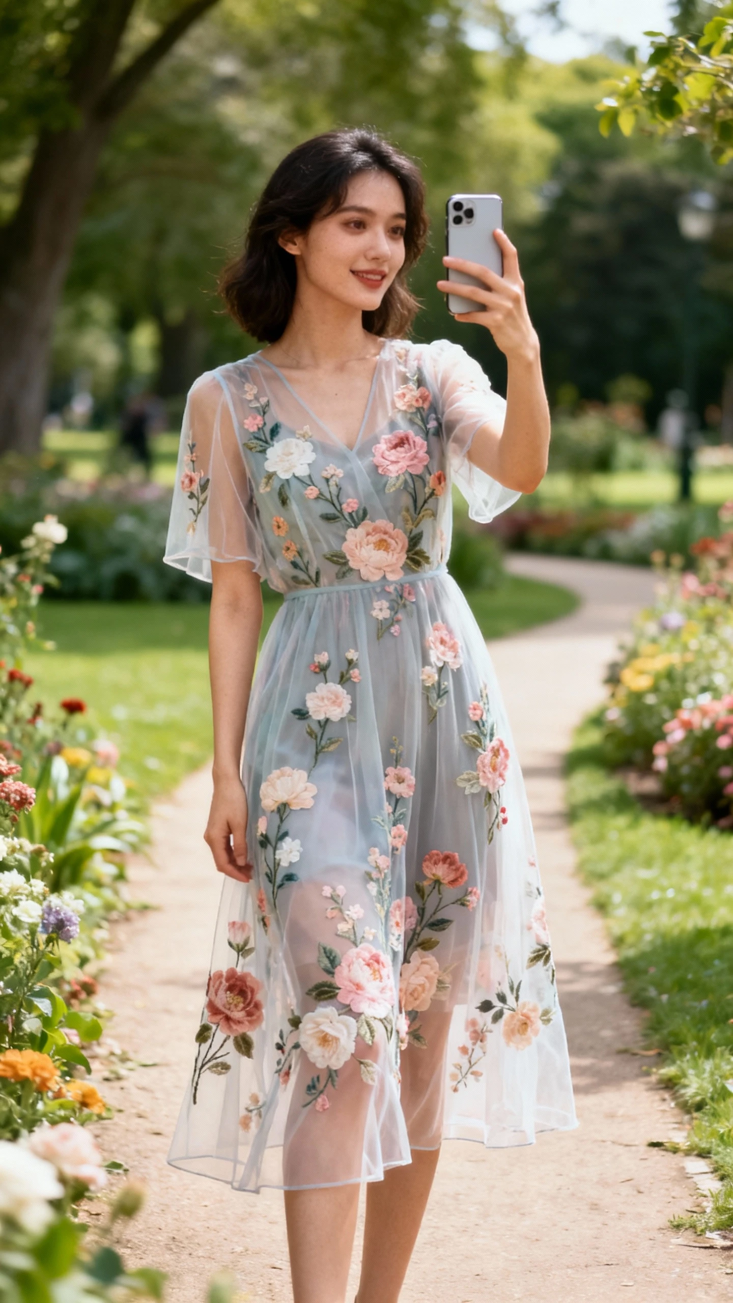 A woman wearing a floral embroidered midi dress with sheer overlay and soft blooms, standing on a garden path at the park taking a candid phone selfie, casual iPhone photo style, natural daylight, outdoor setting.