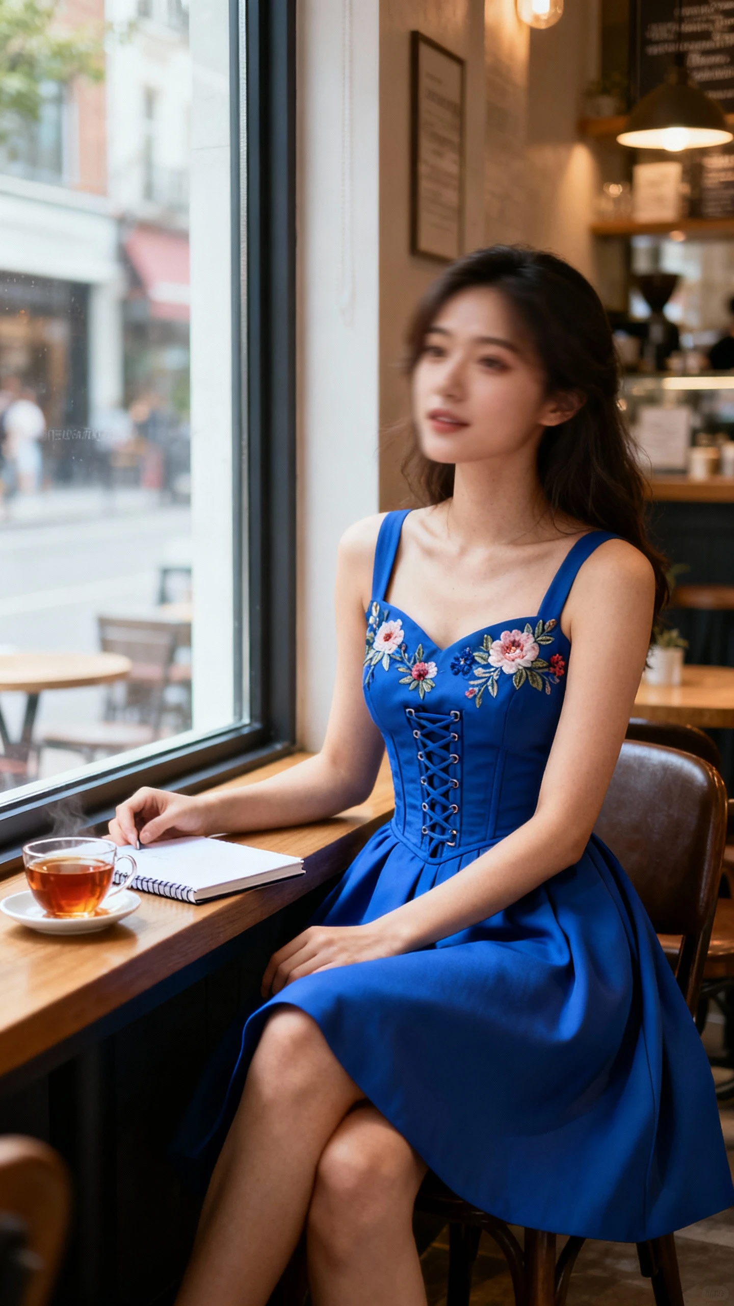 Candid café photo of a woman in a royal blue A-line dress with a corset bodice and floral appliqué detailing, sitting by a window with tea and a notebook, face slightly blurred, warm window light, casual iPhone aesthetic.