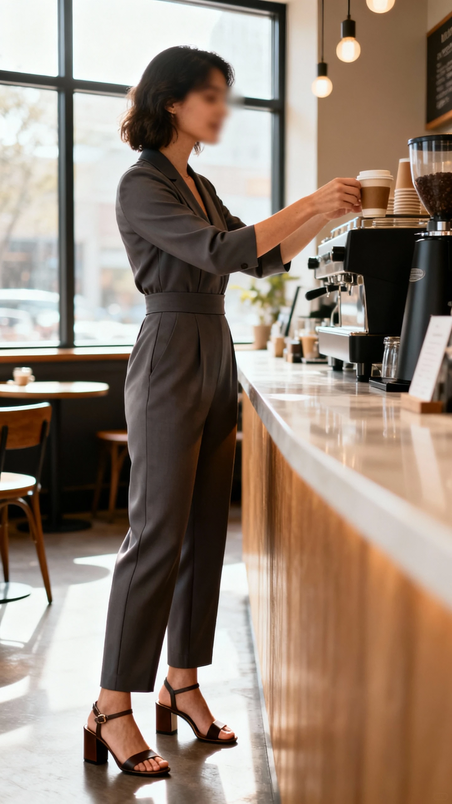 Candid cafe photo of a woman in a sleek tailored jumpsuit with a defined waist and block-heel sandals, reaching for a coffee at the counter, face slightly blurred, warm window light, iPhone photo, unstaged.