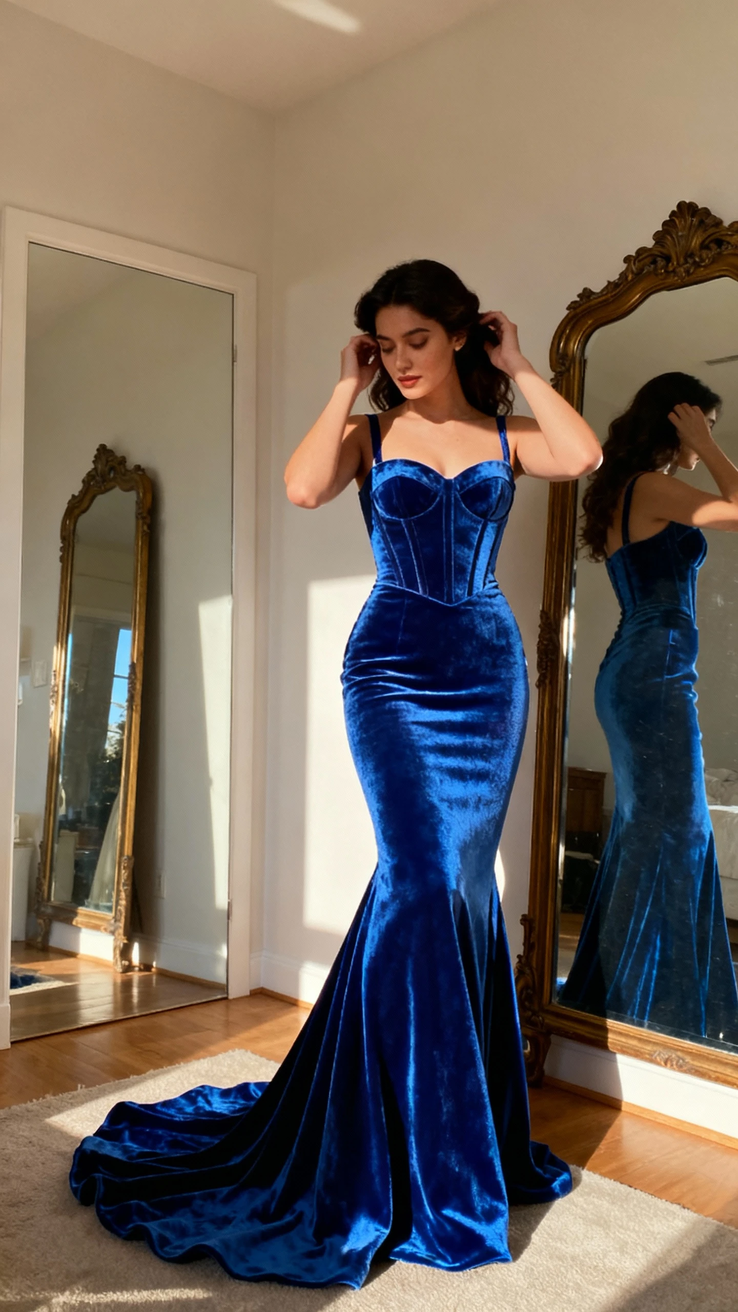 Candid hallway photo of a woman in a royal blue velvet mermaid gown with old-Hollywood energy, soft sweep train and structured bodice, adjusting her hair near a vintage mirror, face in shadow, warm indoor ambient light, iPhone photo quality.