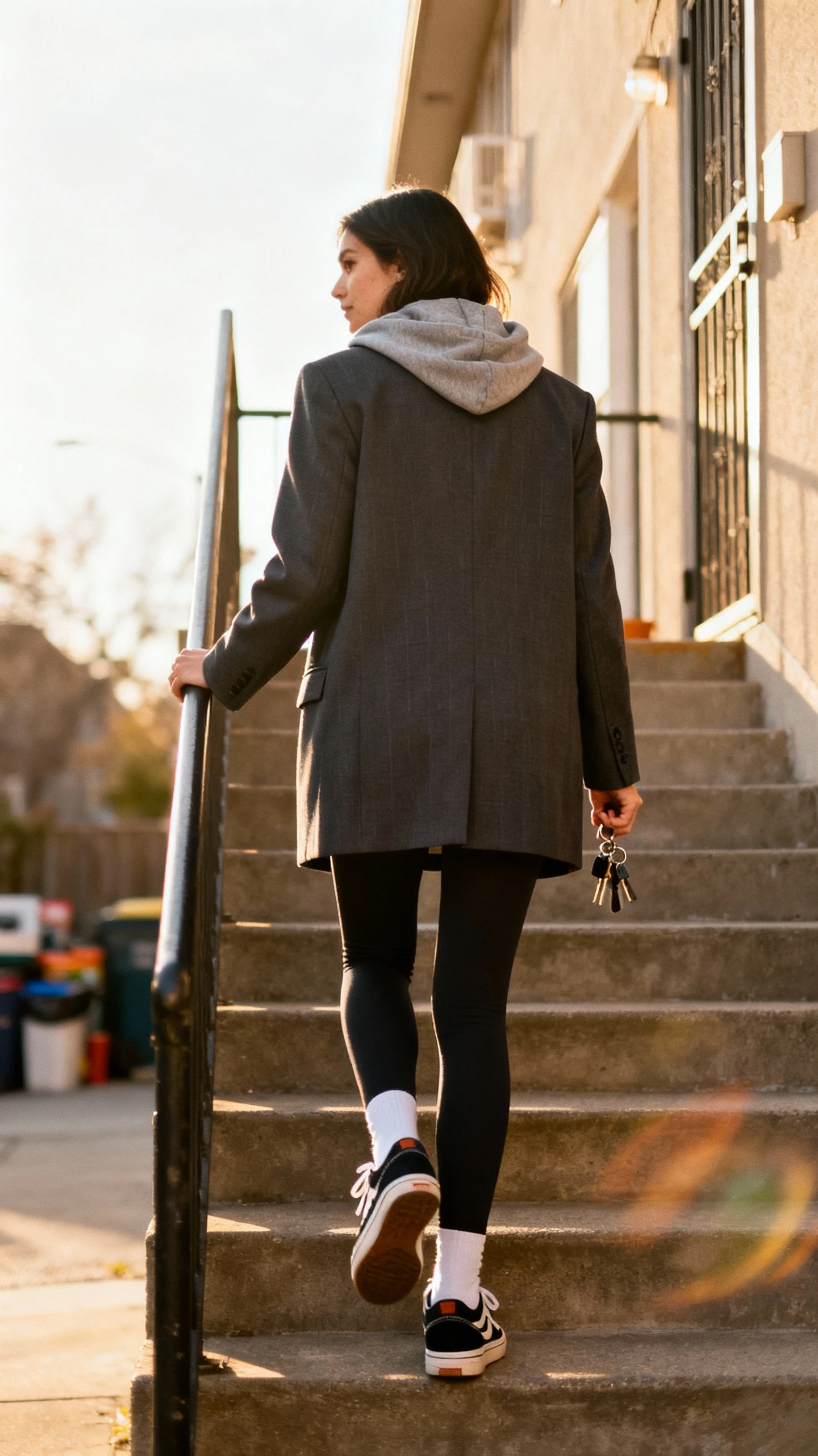 Candid lifestyle photo of a woman layering a sleek hoodie under a tailored coat with leggings and retro sneakers, walking up apartment steps with keys in hand, face turned away, natural daylight, iPhone snapshot feel.