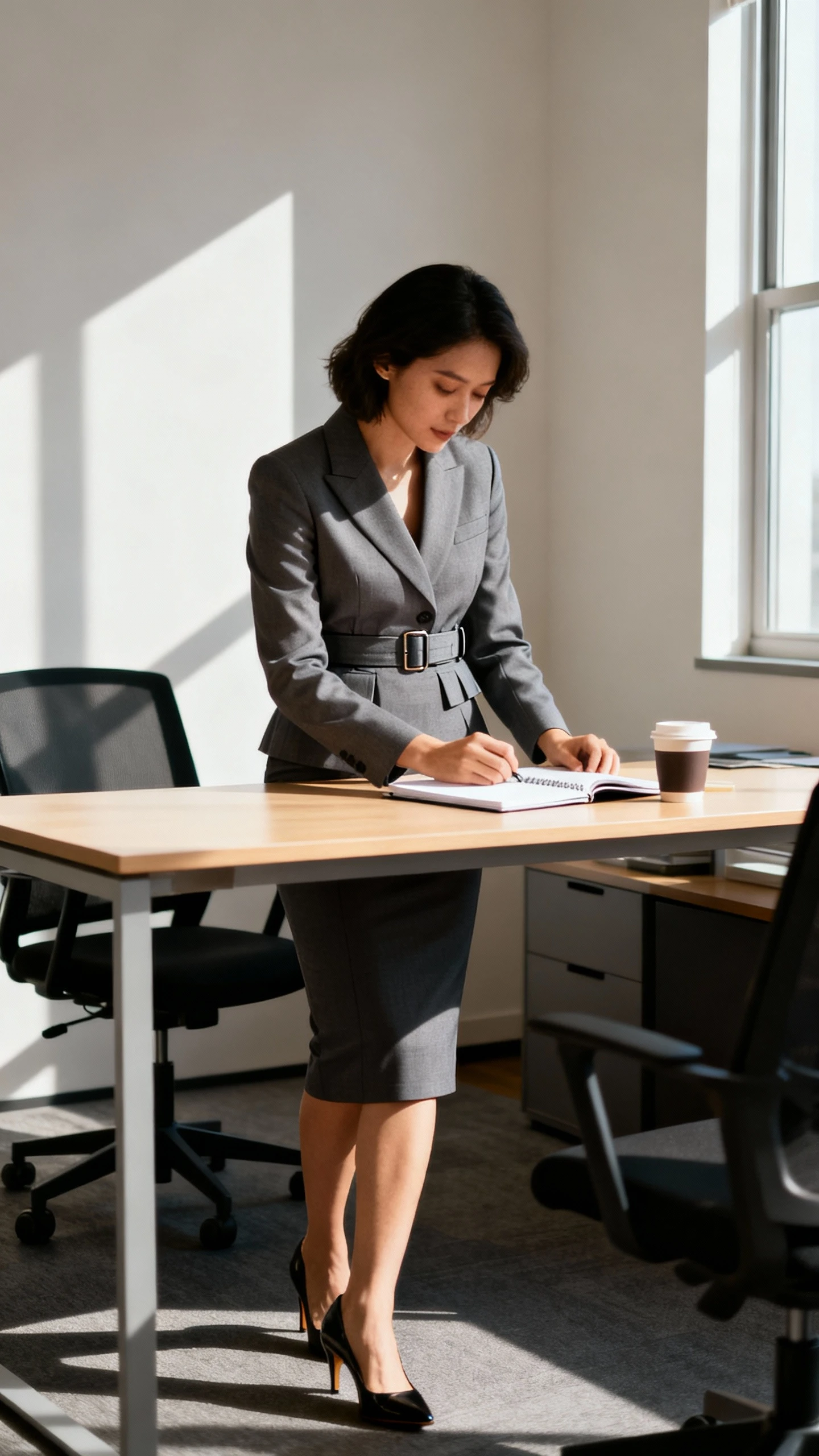 Candid office photo of a woman wearing a belted blazer and pencil skirt set with structured waist and classic pumps, working at a desk with notebook and coffee, face in shadow looking down, ambient daylight, iPhone photo quality.