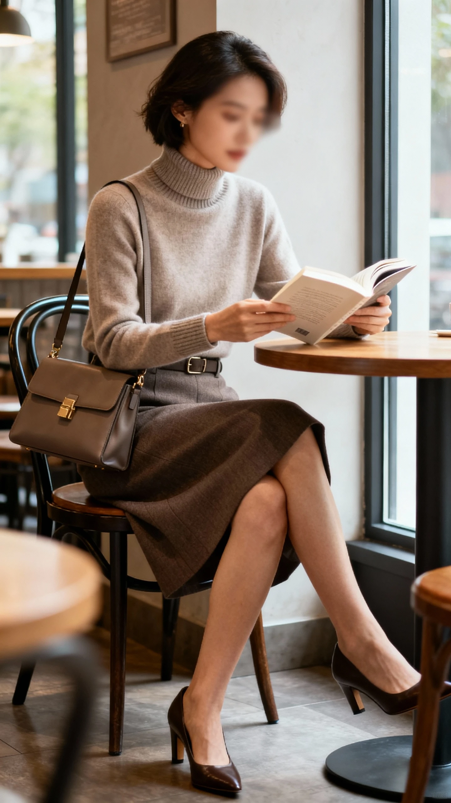 Candid photo of a woman in a cashmere turtleneck tucked into a tailored knee-length skirt with classic pumps and a structured handbag, sitting at a cafe reading, face slightly blurred, soft window light, casual iPhone aesthetic.