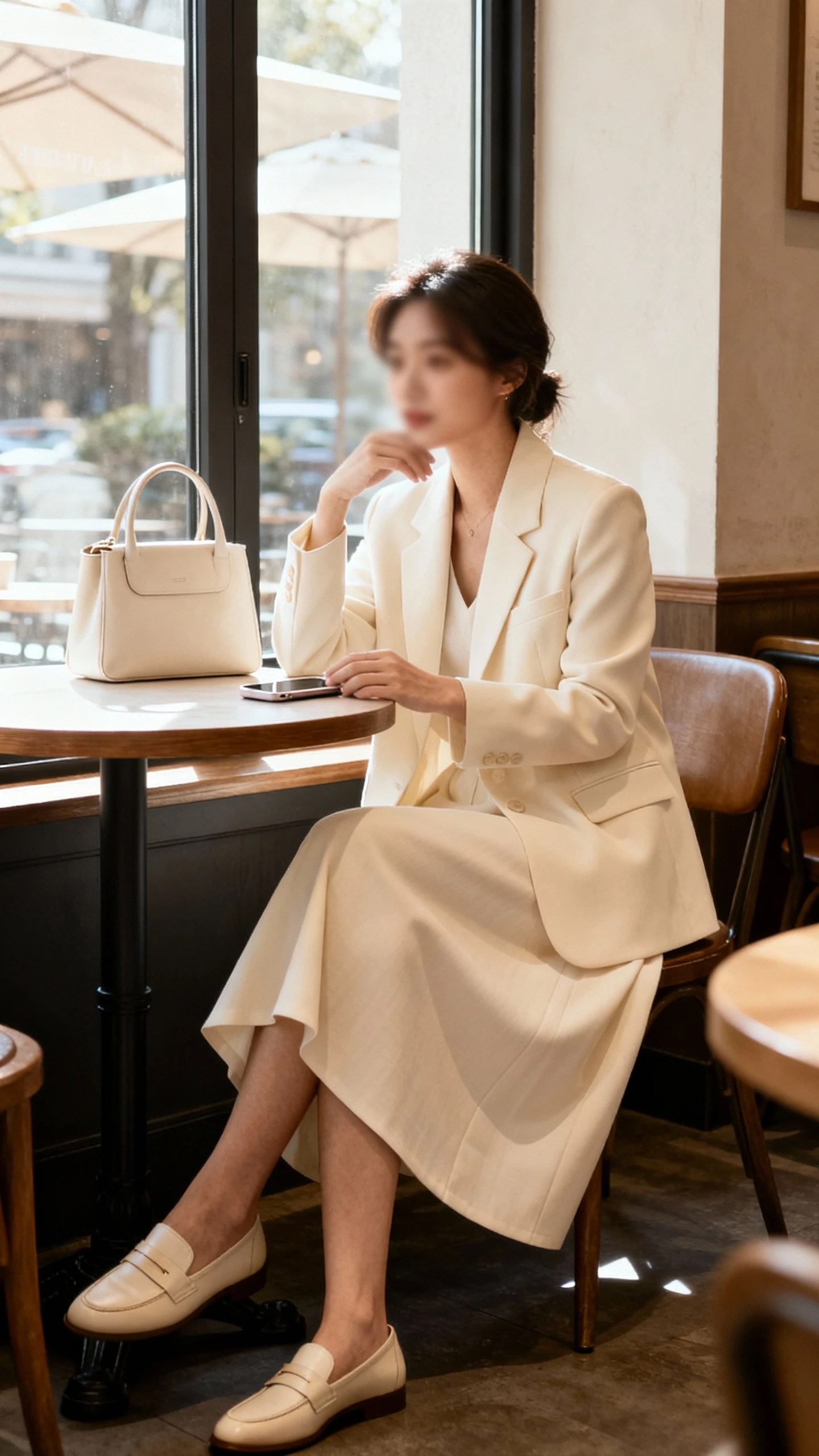 Candid photo of a woman in a monochrome cream skirt suit with a softly structured blazer and midi skirt, styled with classic loafers and a minimal tote, sitting at a cafe table, face slightly blurred, warm window light, casual iPhone aesthetic.