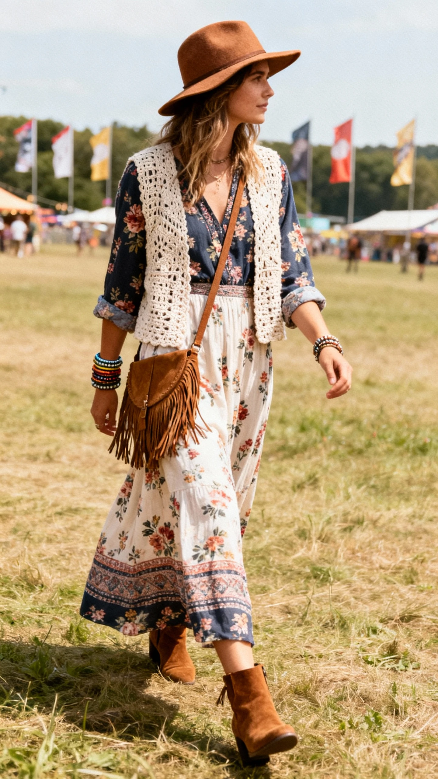 Candid photo of a woman wearing a floral maxi dress layered with a crochet vest, stacked bracelets, a floppy felt hat, suede ankle boots, and a fringe crossbody, walking through a grassy festival field with flags in the background, face looking away, warm daylight, iPhone photo quality.