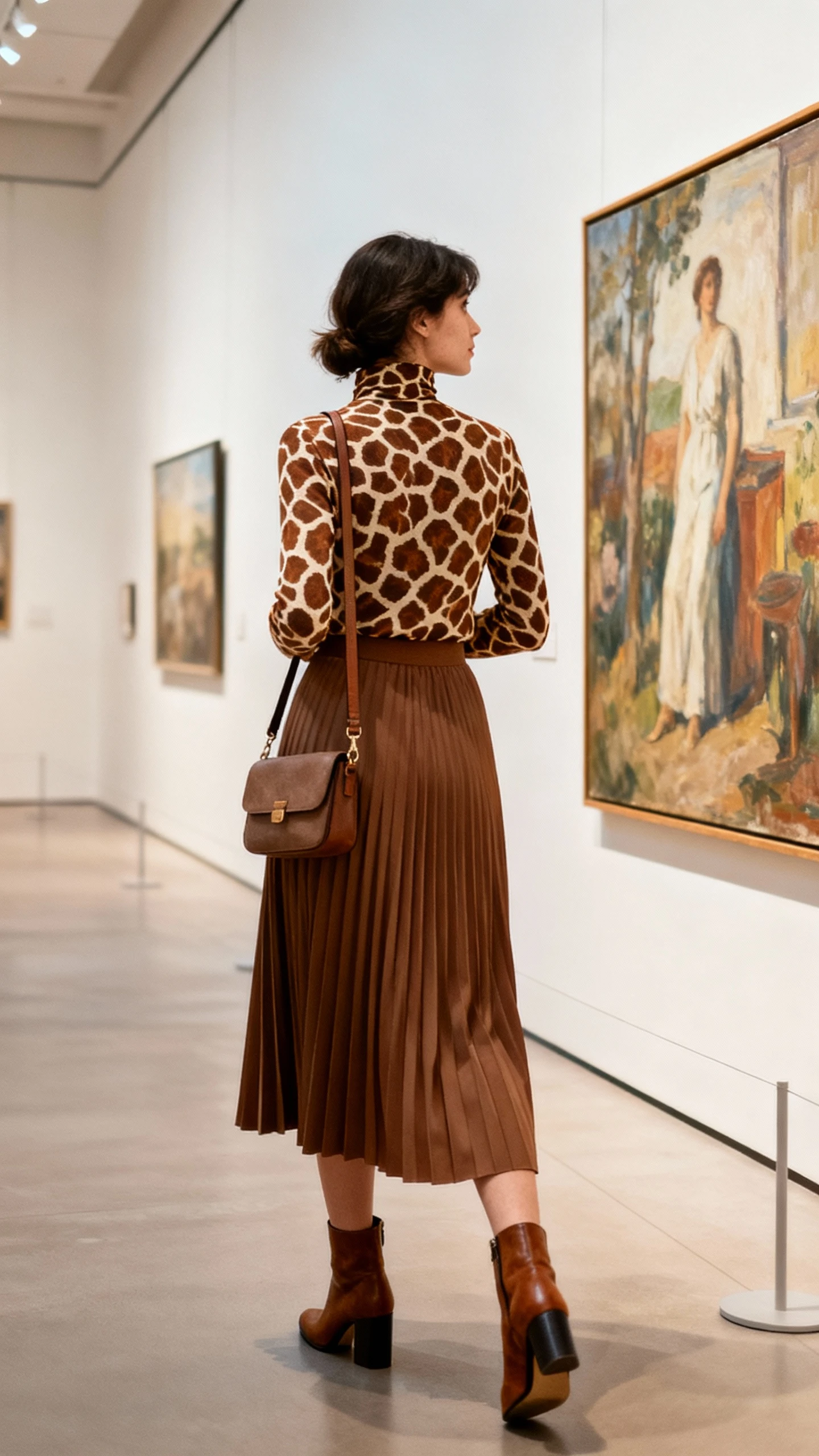 Candid photo of a woman wearing a giraffe print mock neck top with a pleated midi skirt, block-heel boots, and a crossbody bag, browsing an art gallery, face turned away, soft indoor daylight, iPhone photo quality.