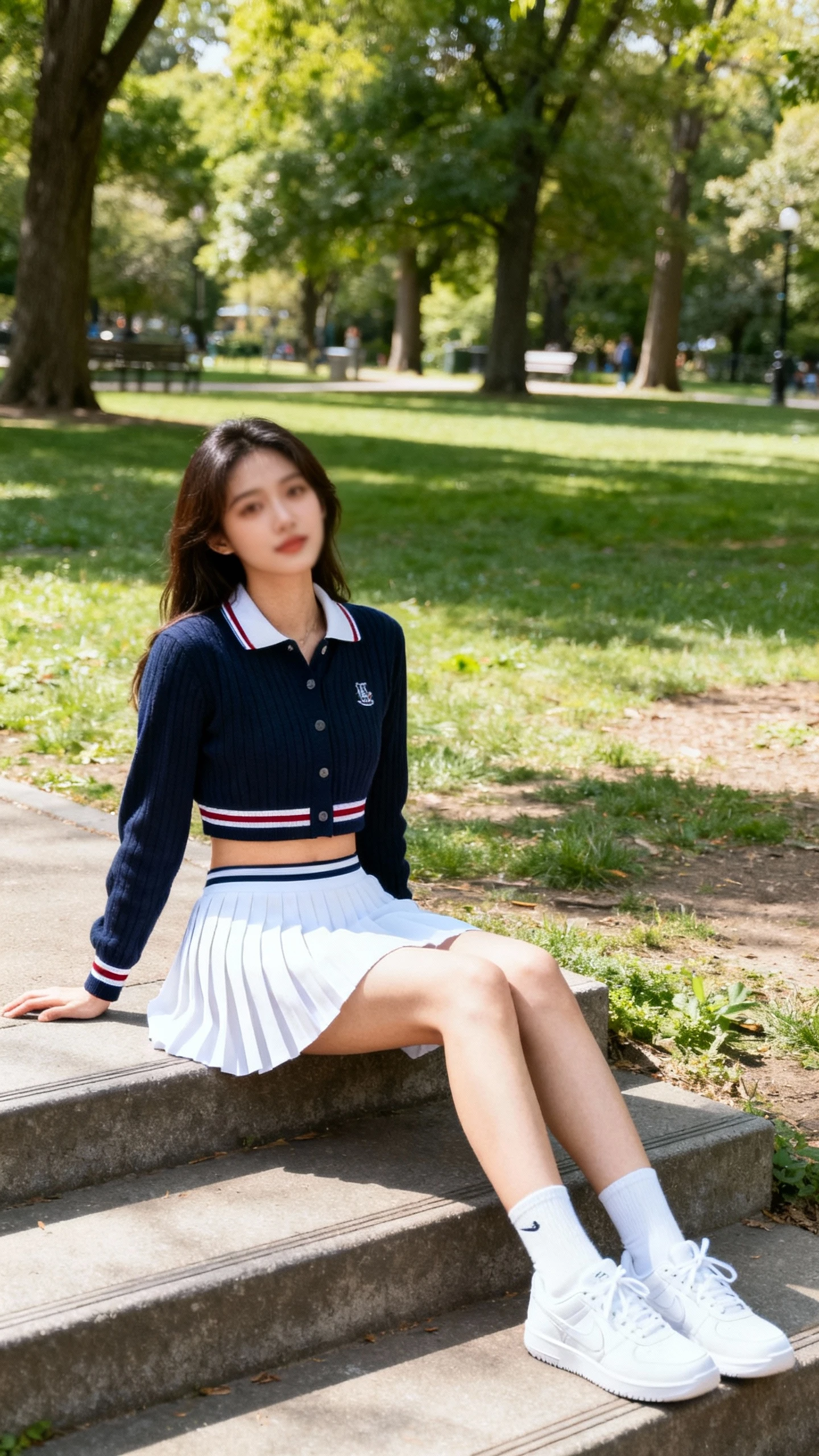 Candid photo of a woman wearing a pleated tennis skirt with a cropped polo cardigan and white sneakers, sitting on park steps, face slightly blurred, soft park light, casual iPhone aesthetic.