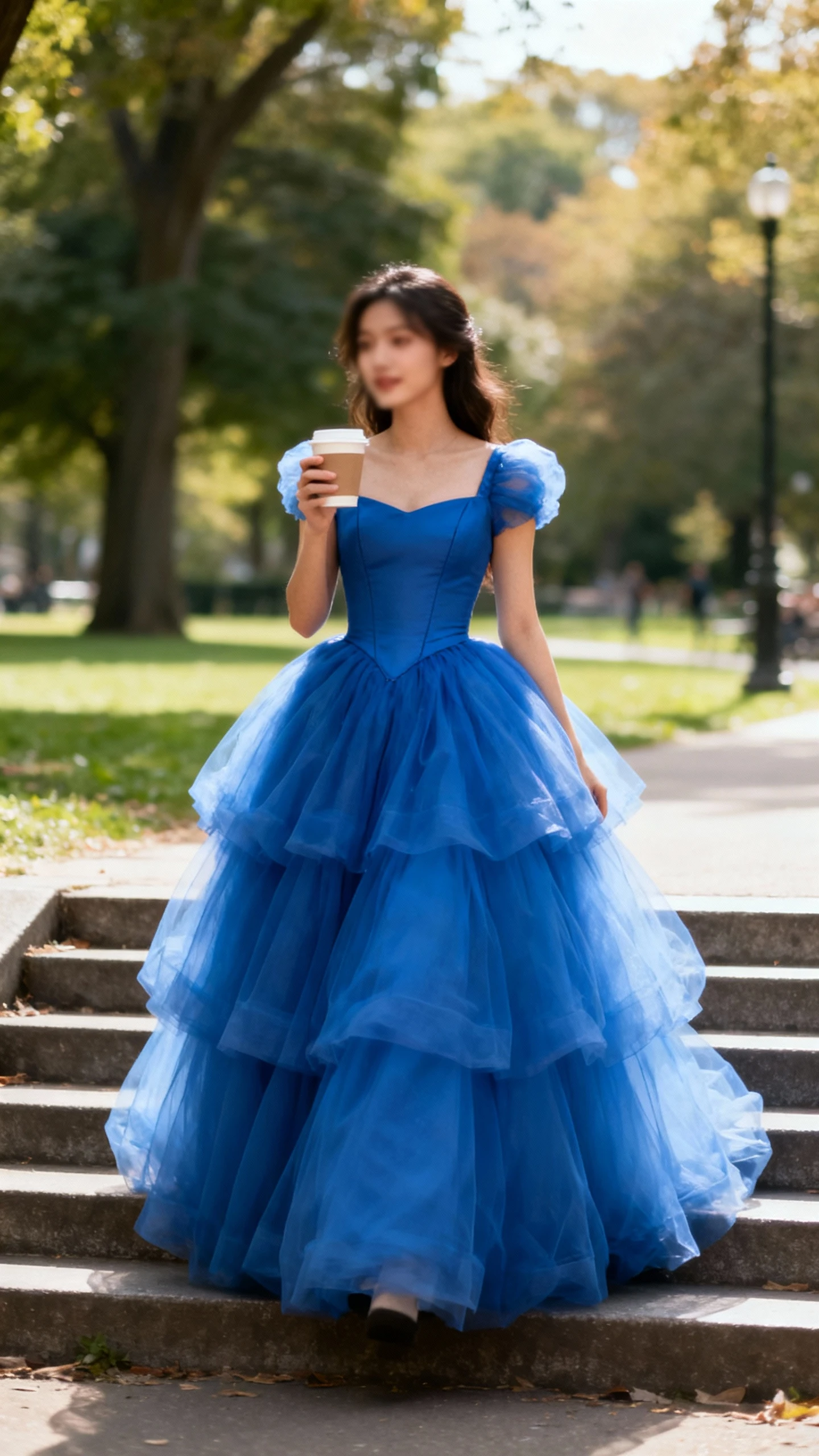 Candid photo of a woman wearing a royal blue princess tulle ballgown with layers of airy tulle and a fitted bodice, standing on park steps holding a coffee, face slightly blurred, soft afternoon light, casual iPhone aesthetic.