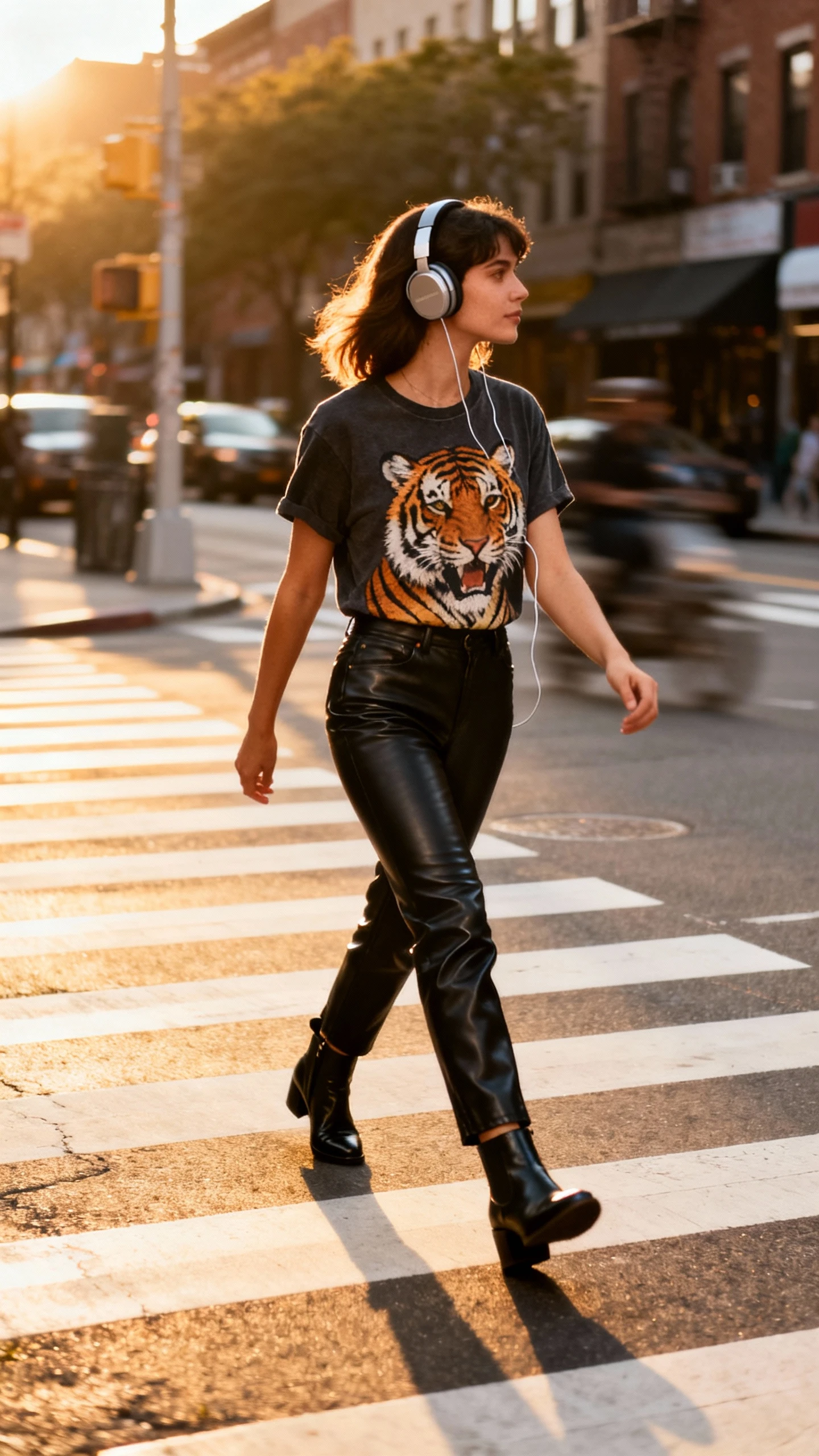 Candid street photo of a woman wearing a tiger graphic tee with black leather pants and ankle boots, crossing a crosswalk with headphones on, face looking away, late-day city light, iPhone photo quality, casual vibe.