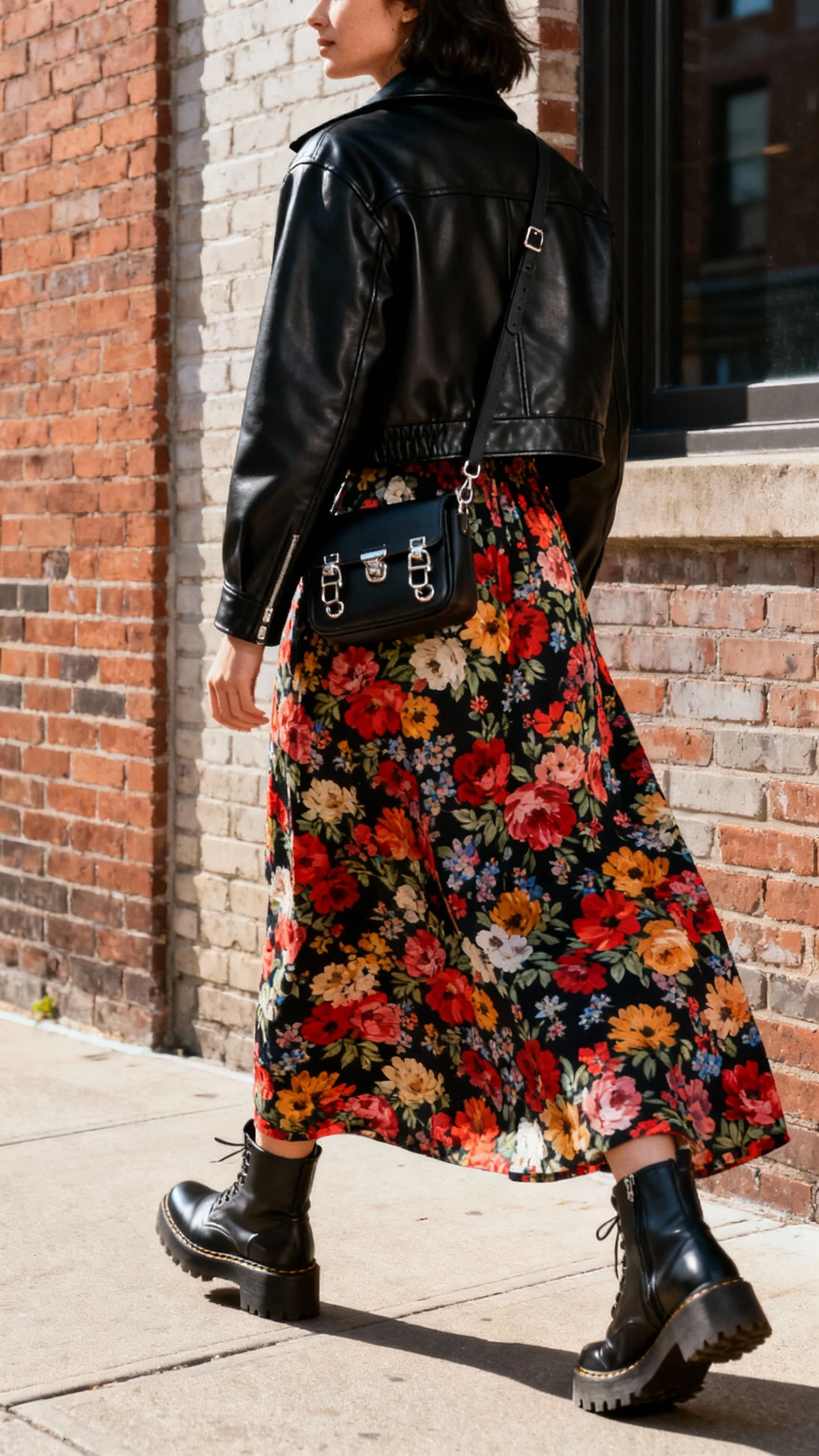 Candid street shot of a woman wearing a bold floral maxi dress under a cropped black leather jacket, chunky ankle boots, and a crossbody bag with metal hardware, striding past city brick walls, face in shadow turning away, natural daylight, iPhone photo quality, authentic and unstaged.