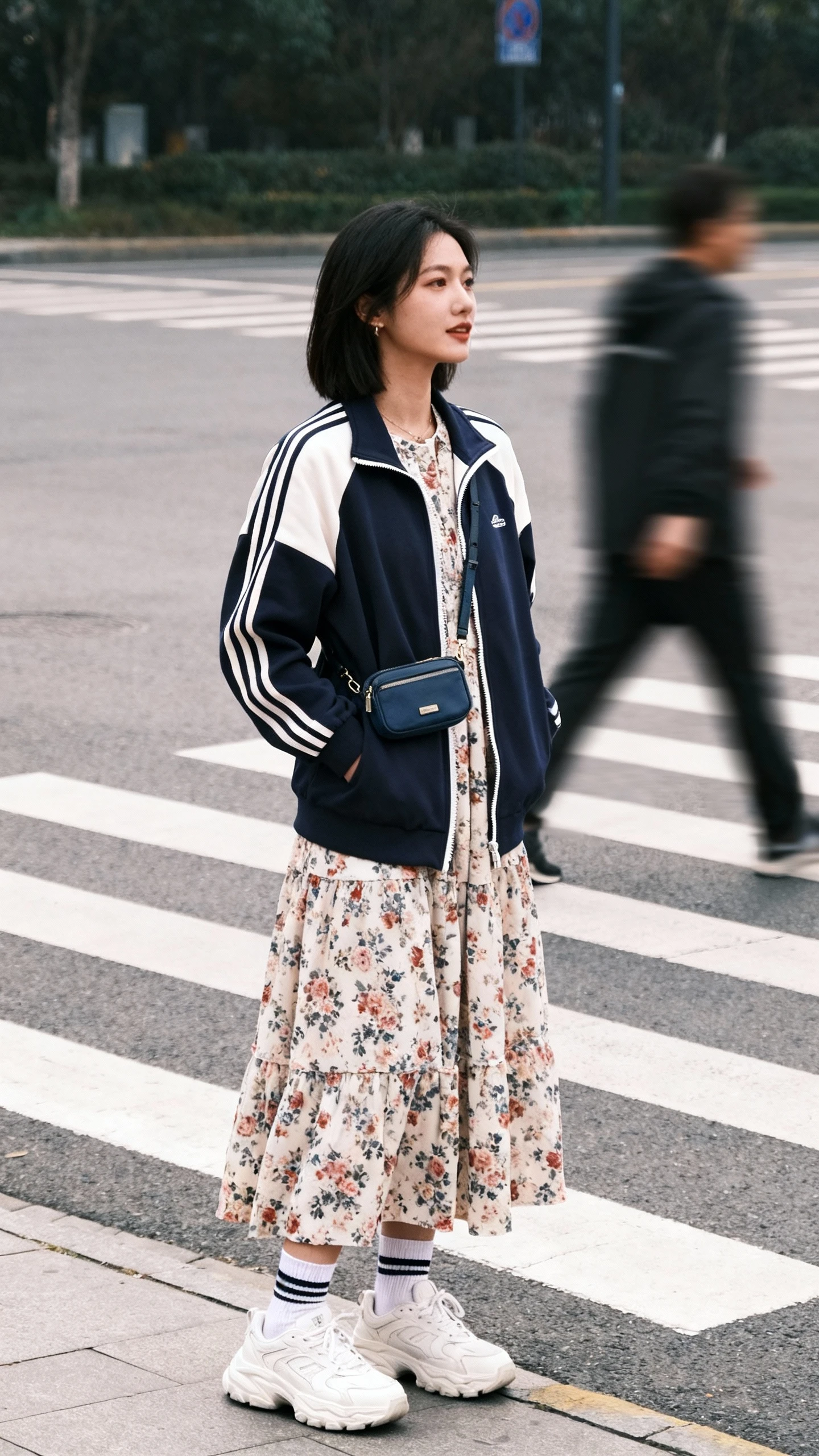 Candid street-style photo of a woman wearing a floral maxi dress under a sporty zip-up track jacket, chunky white sneakers, crew socks, and a mini belt bag worn crossbody, waiting at a crosswalk with motion blur, face slightly blurred, daylight, iPhone photo quality, unstaged.