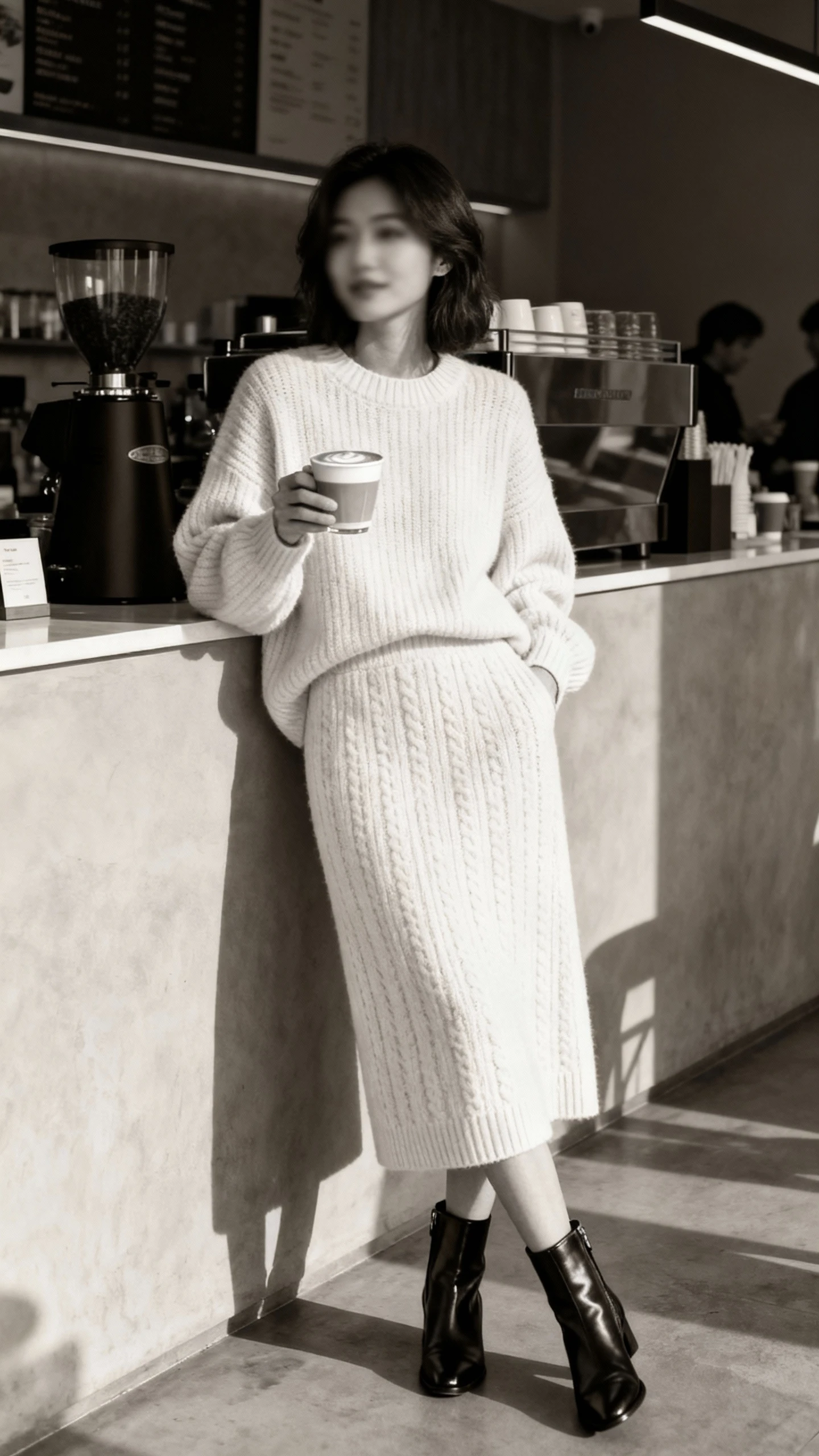 Cozy candid of a woman wearing a monochrome knit set (matching sweater and knit skirt) with sleek ankle boots, standing by a cafe counter with a cappuccino, face slightly blurred, warm ambient light, casual iPhone aesthetic.