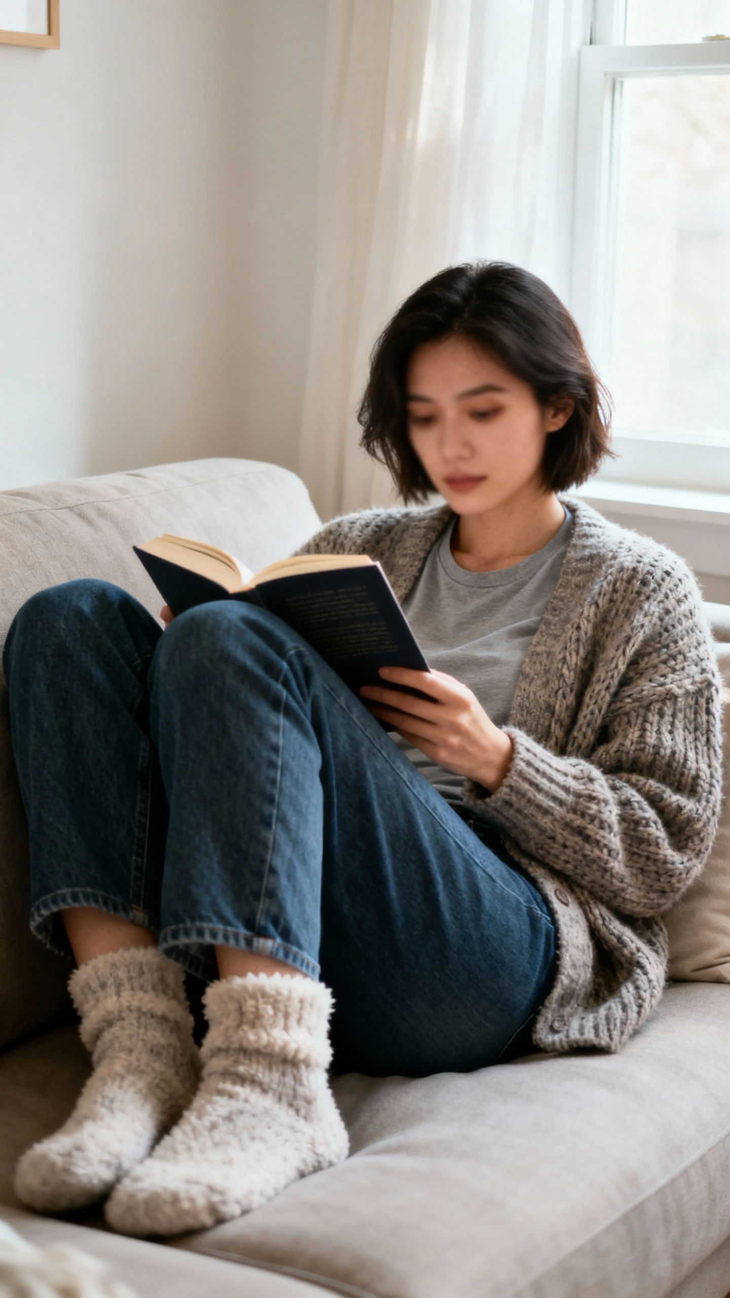 Cozy candid photo of a woman wearing a chunky cardigan over a classic tee with straight-leg jeans and fuzzy socks, curled on a sofa reading, face slightly blurred, afternoon window light, casual iPhone aesthetic, unstaged.