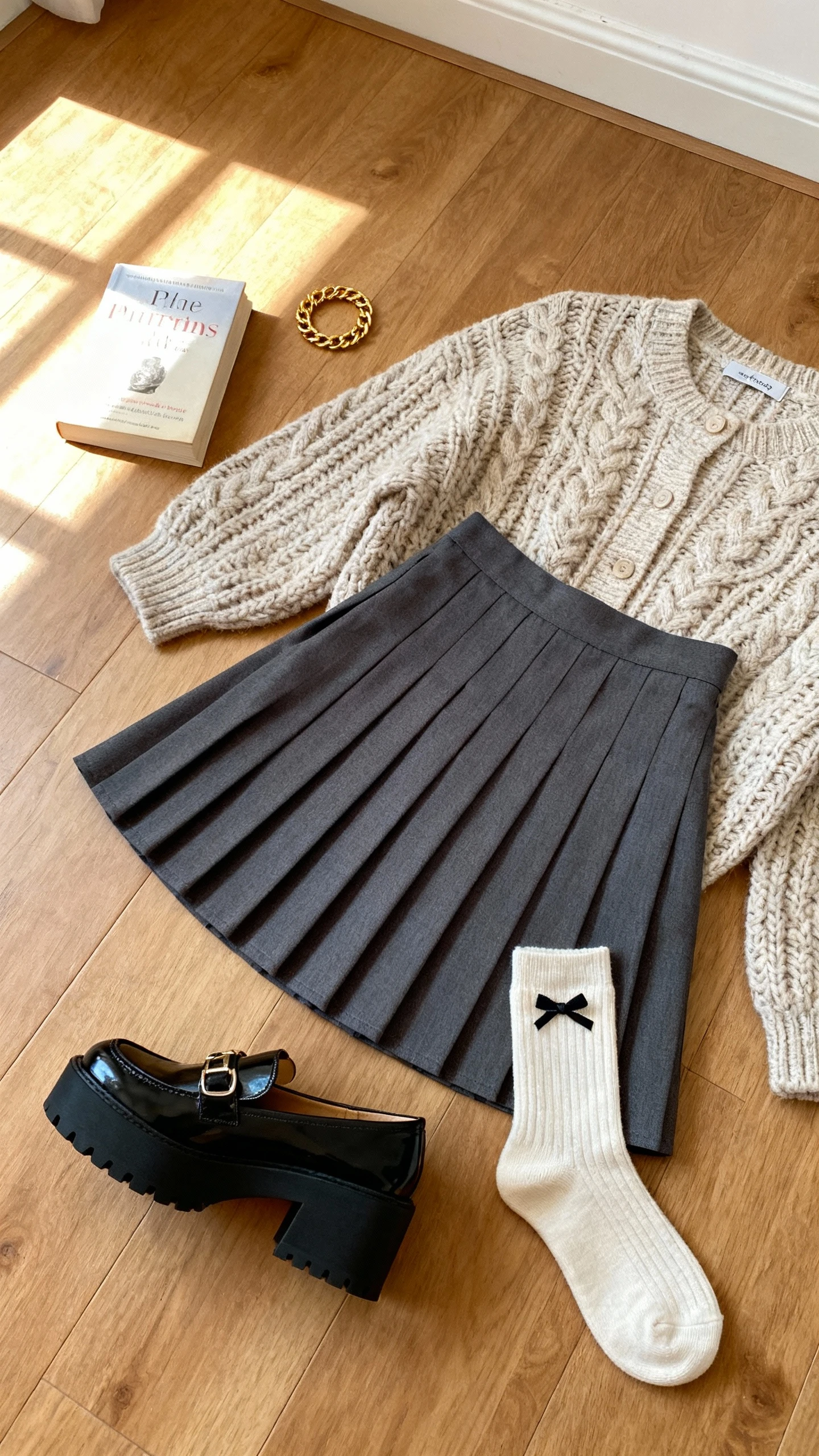 Flat lay overhead of platform Mary Janes, pleated skirt, chunky cardigan, and ankle socks with a tiny bow on a wooden floor, with a paperback book and gold bracelet, bright natural window light, no person visible, organized composition, iPhone photo aesthetic.