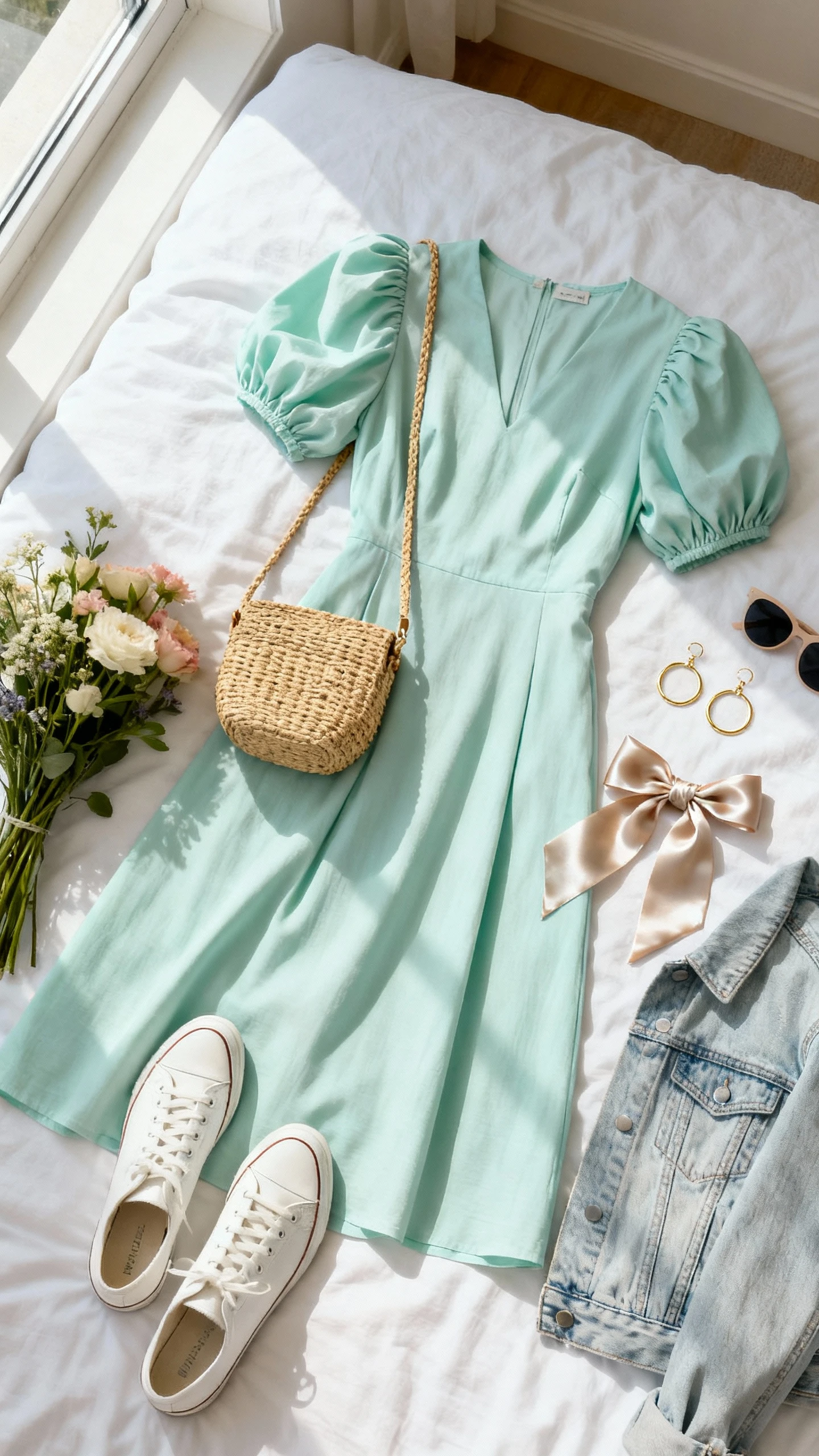 Flat lay overhead view of a pastel puff sleeve midi dress in soft mint with white leather sneakers, straw crossbody bag, delicate gold hoop earrings, silk hair ribbon, and light denim jacket; fresh flowers and sunglasses as props on a white bedspread, bright natural window light, no person visible, organized composition, iPhone photo aesthetic.