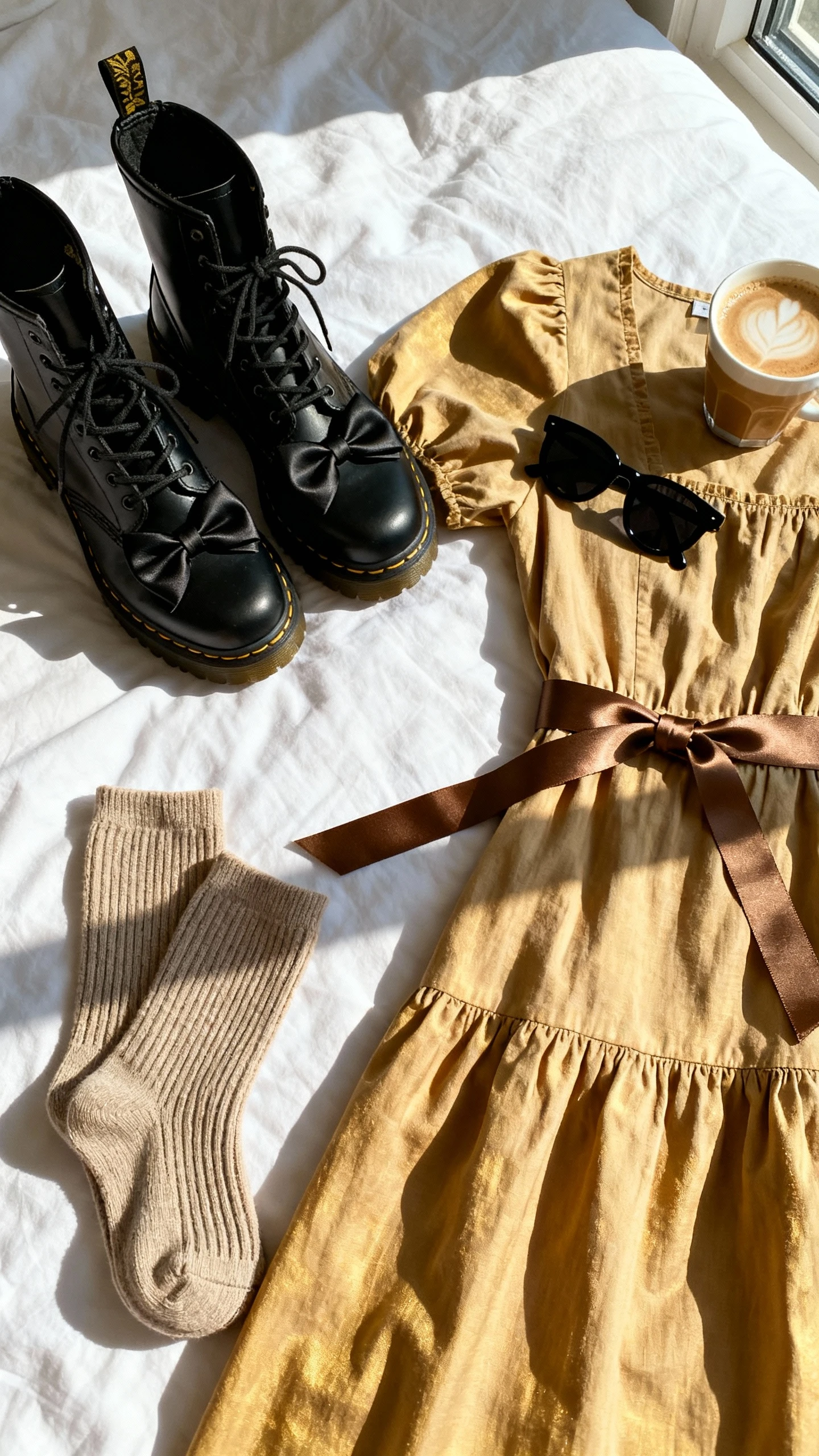 Flat lay overhead view of bow-detail combat boots, baby-doll dress, ribbon belt, and ribbed socks on a white bed, with black sunglasses and a latte, bright natural window light, no person visible, organized composition, iPhone photo aesthetic.