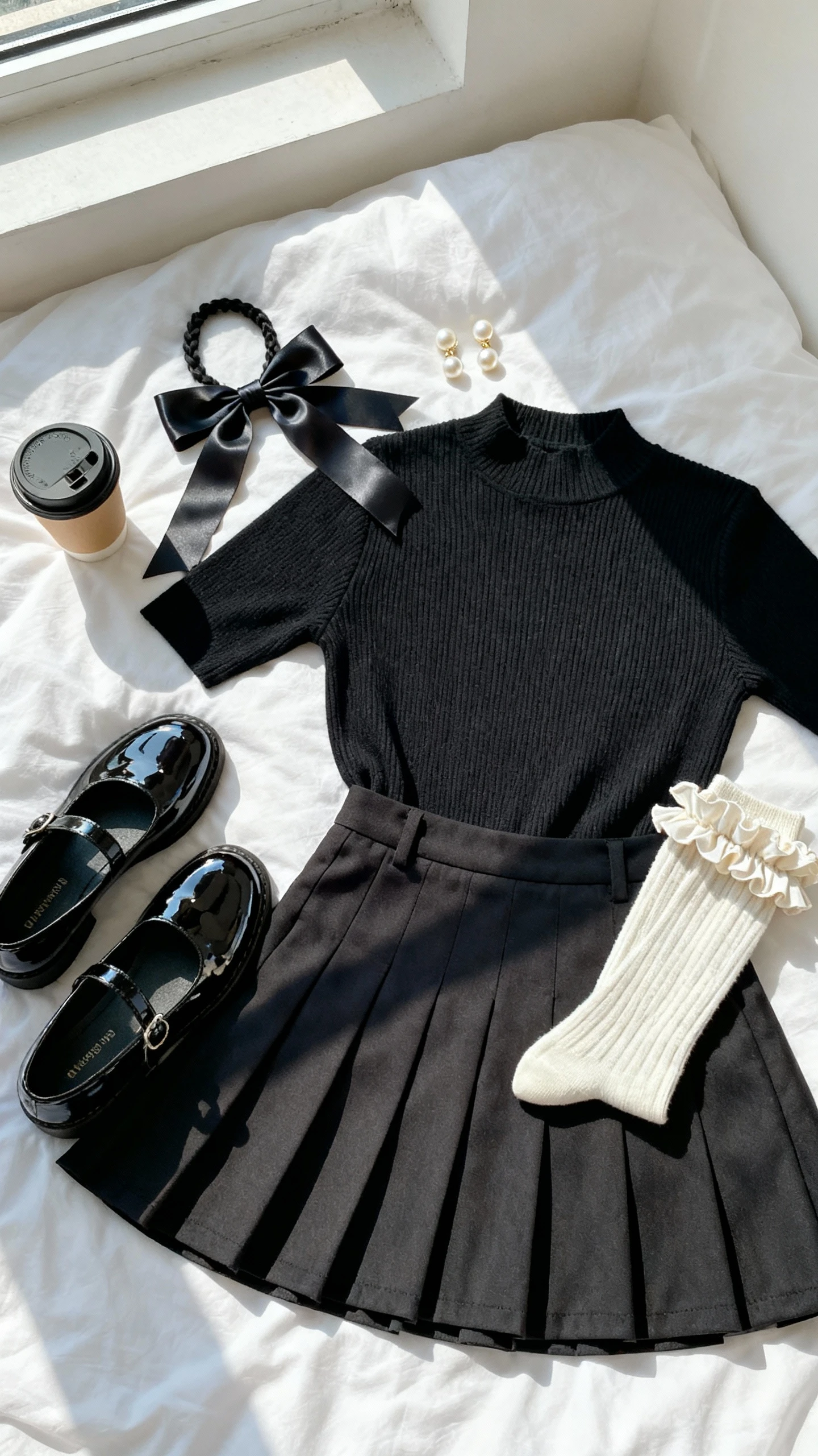Flat lay overhead view of glossy Mary Janes, ruffle socks, twirl-ready mini skirt, fitted knit top, and a ribbon hair bow arranged on a white bedspread, with a small coffee cup and pearl earrings as props, bright natural window light, no person visible, organized composition, iPhone photo aesthetic.