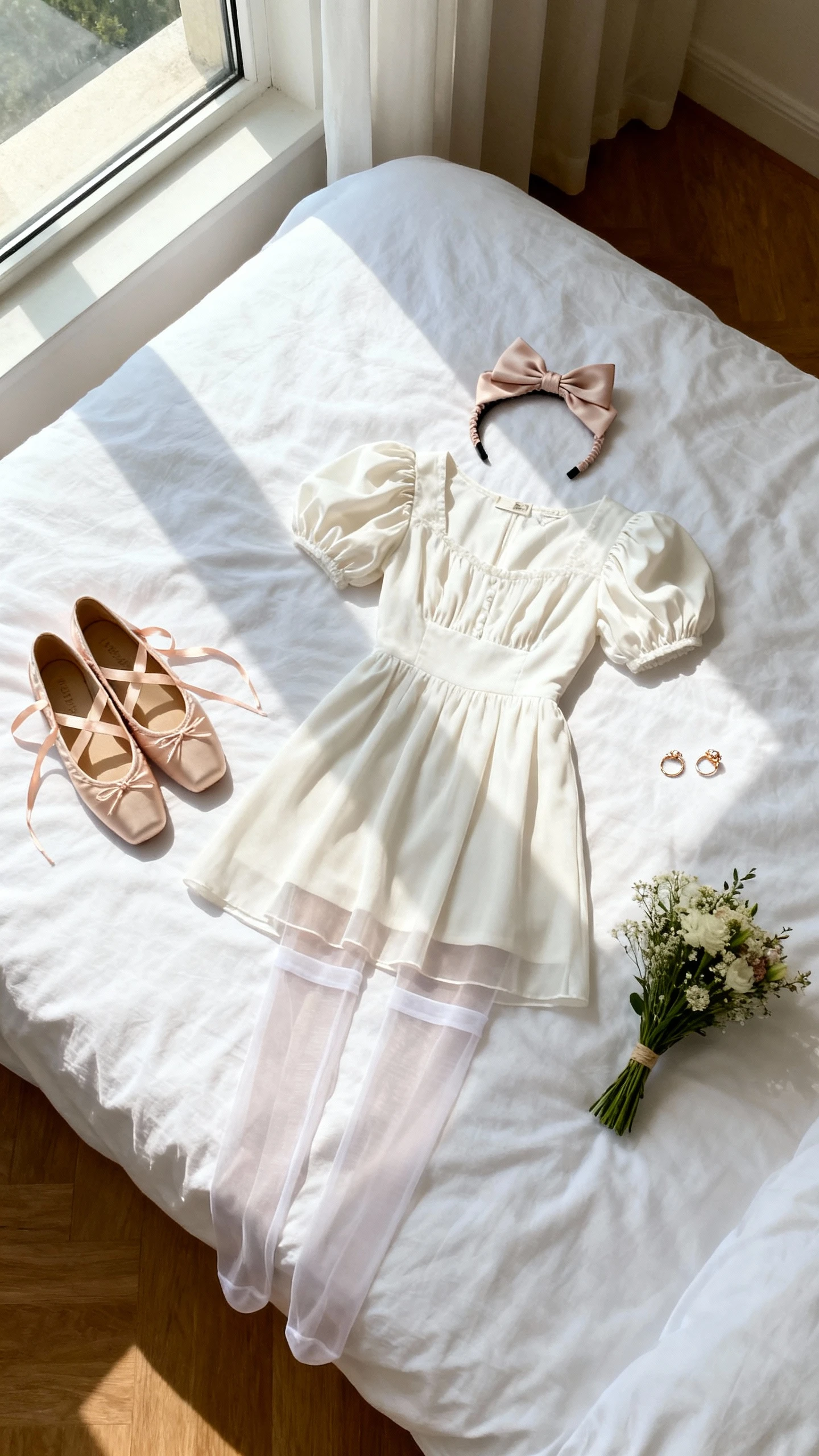Flat lay overhead view of lace-up ballet pumps, puff-sleeve mini dress, semi-sheer tights, and a bow headband on a white bed, with a small bouquet and dainty ring set, bright natural window light, no person visible, organized composition, iPhone photo aesthetic.