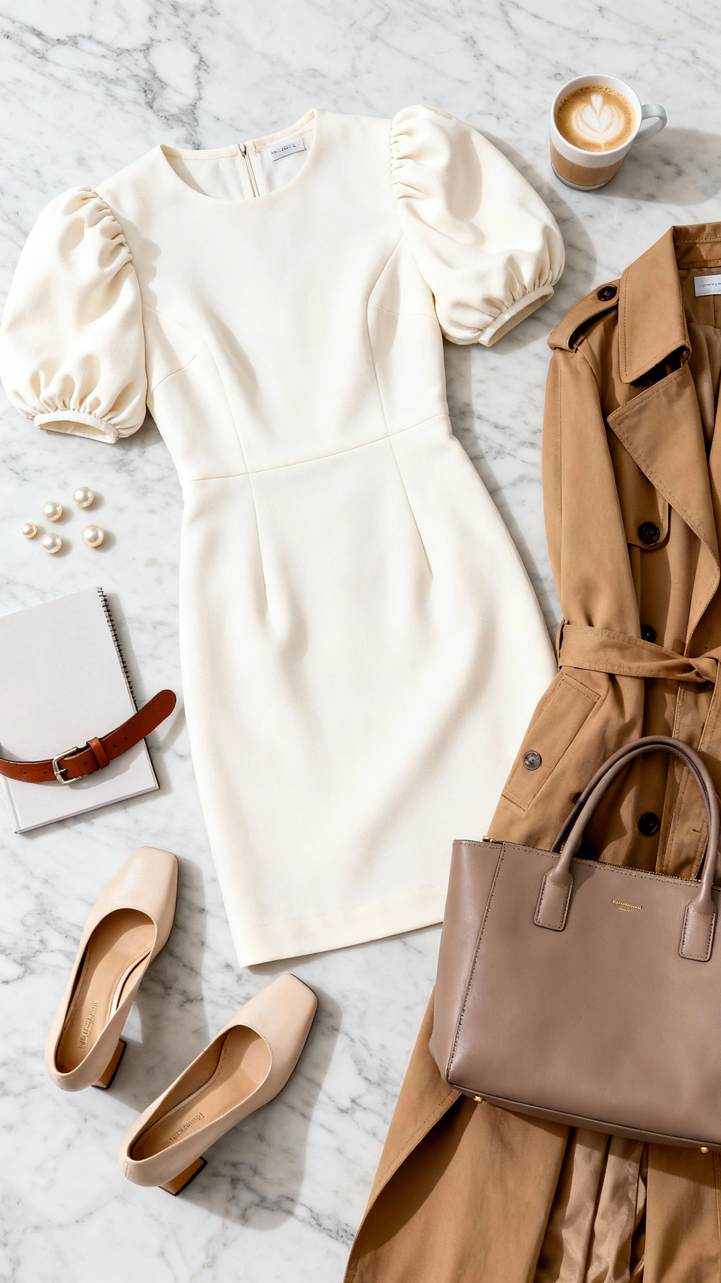 Flat lay top-down of a cream puff sleeve sheath dress with beige block-heel pumps, camel trench coat, structured taupe tote, pearl studs, and slim leather belt; a latte and a minimalist notebook as props on a marble surface, bright natural light, no person visible, clean organized composition, iPhone photo aesthetic.