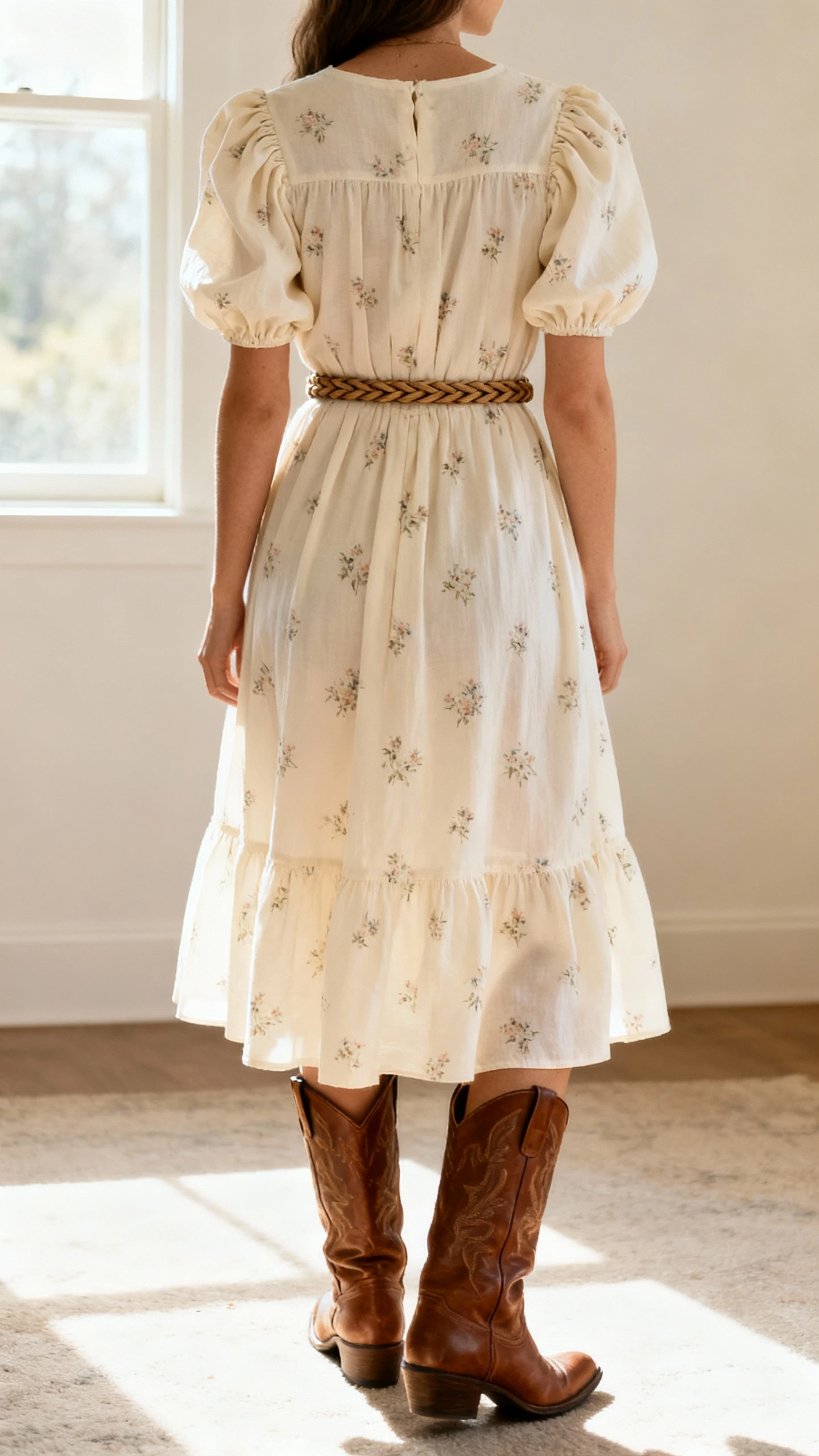 iPhone back-view hallway mirror photo of a woman wearing a cream prairie midi dress with puff sleeves and subtle floral print, paired with rugged brown leather cowboy boots and a slim braided belt; face not visible, back view, morning window light, casual iPhone photo.