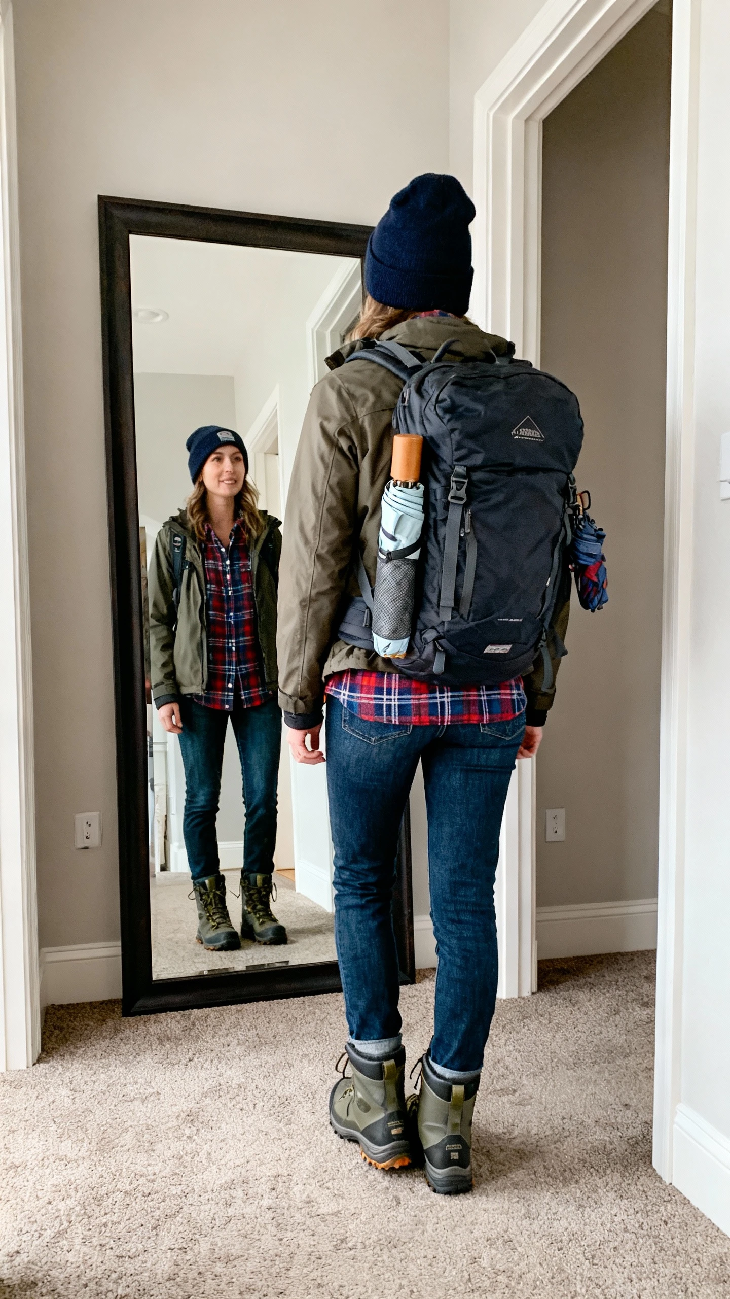 iPhone back view of a woman wearing a flannel shirt layered under a shacket, straight jeans, rainproof hiker boots, beanie, trail-ready backpack, rolled umbrella clipped to strap, face not visible, entryway full-length mirror, natural daylight, iPhone photo quality.