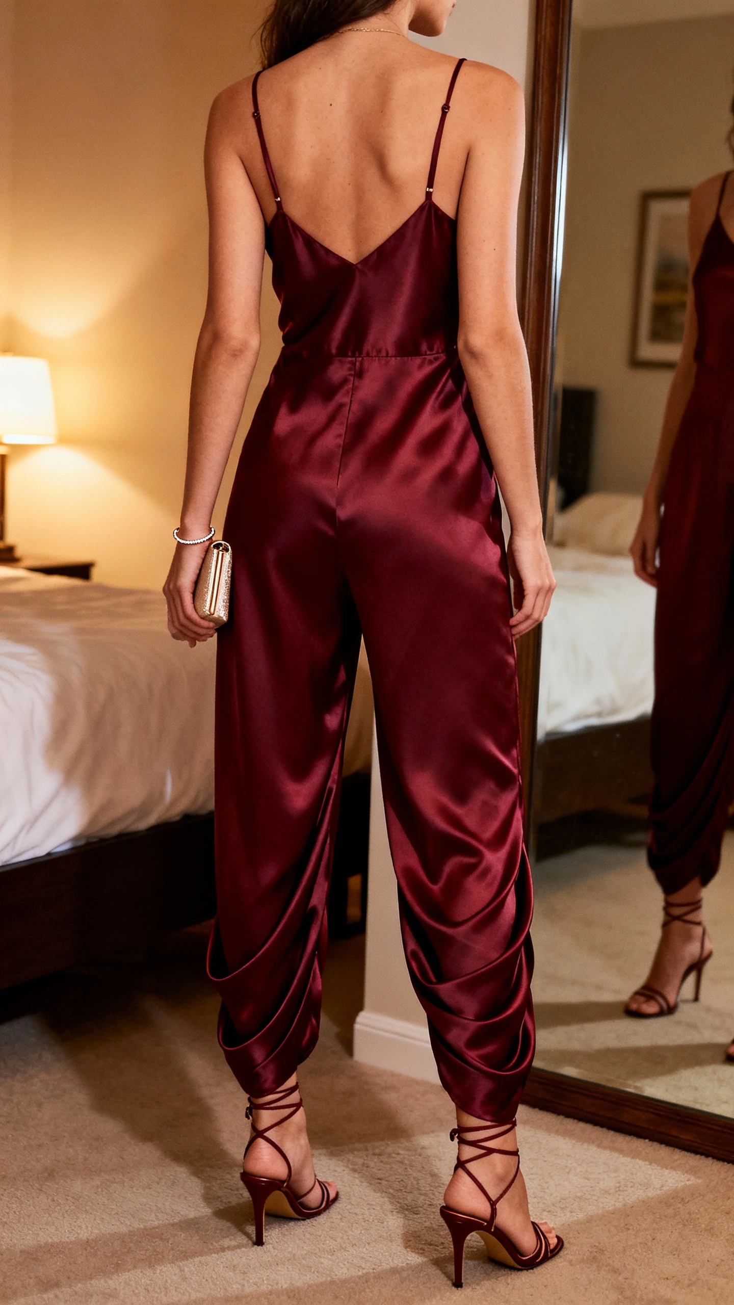 iPhone back view of a woman wearing a slip-style satin jumpsuit in deep burgundy with spaghetti straps and a bias-cut drape, strappy heeled sandals, dainty clutch, thin bracelet, face not visible, bedroom mirror, evening indoor lighting, iPhone photo quality.