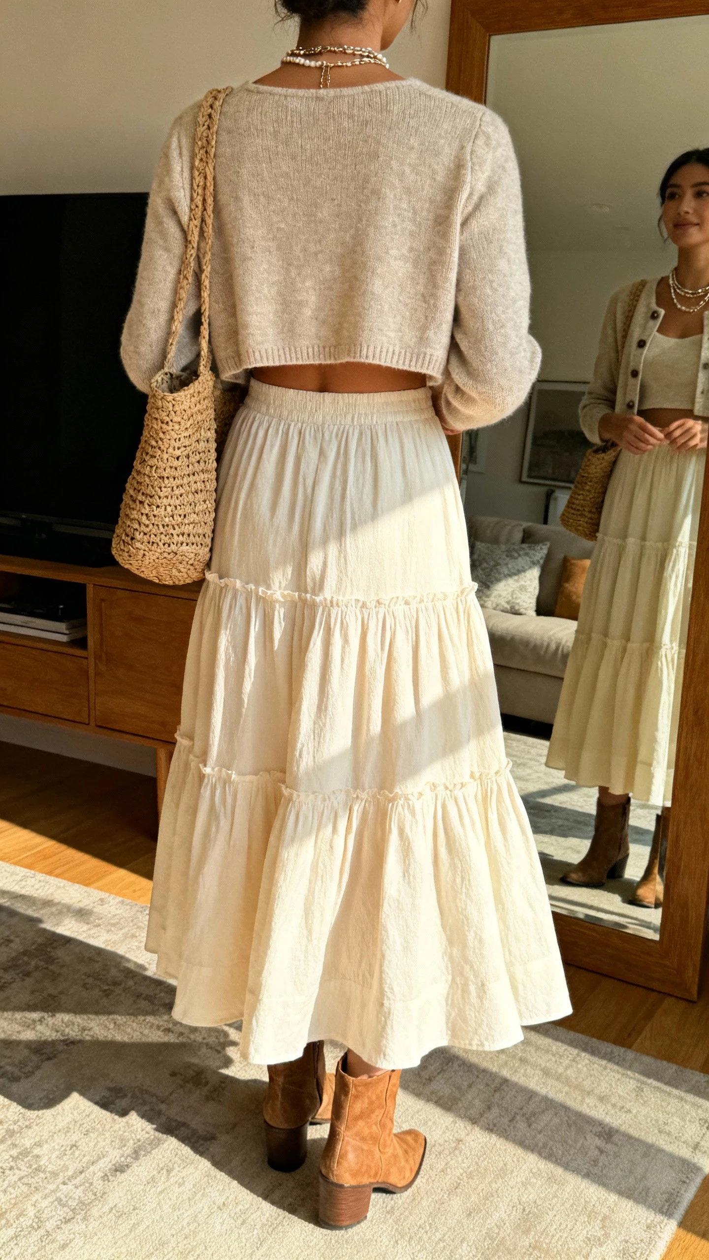 iPhone back-view photo of a woman wearing a flowy tiered skirt with a cropped cardigan and ankle boots, layered necklaces and a woven bag, face not visible, living room mirror, warm afternoon light, iPhone photo quality.