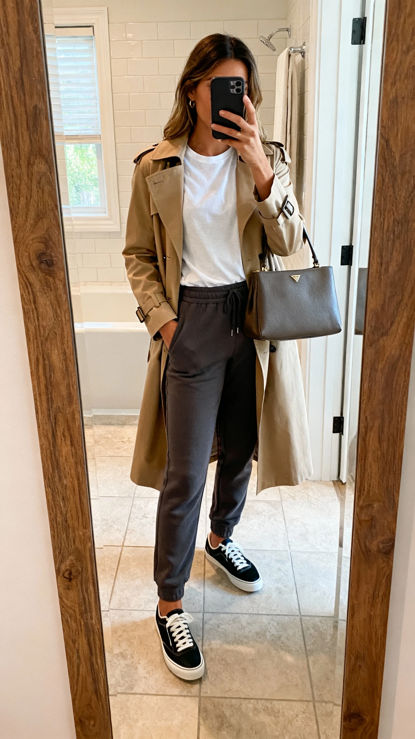 iPhone mirror selfie of a woman in tailored joggers, crisp tee, classic trench coat, sleek low-top sneakers, structured tote, face not visible, bathroom full-length mirror, indoor daylight, iPhone photo quality.