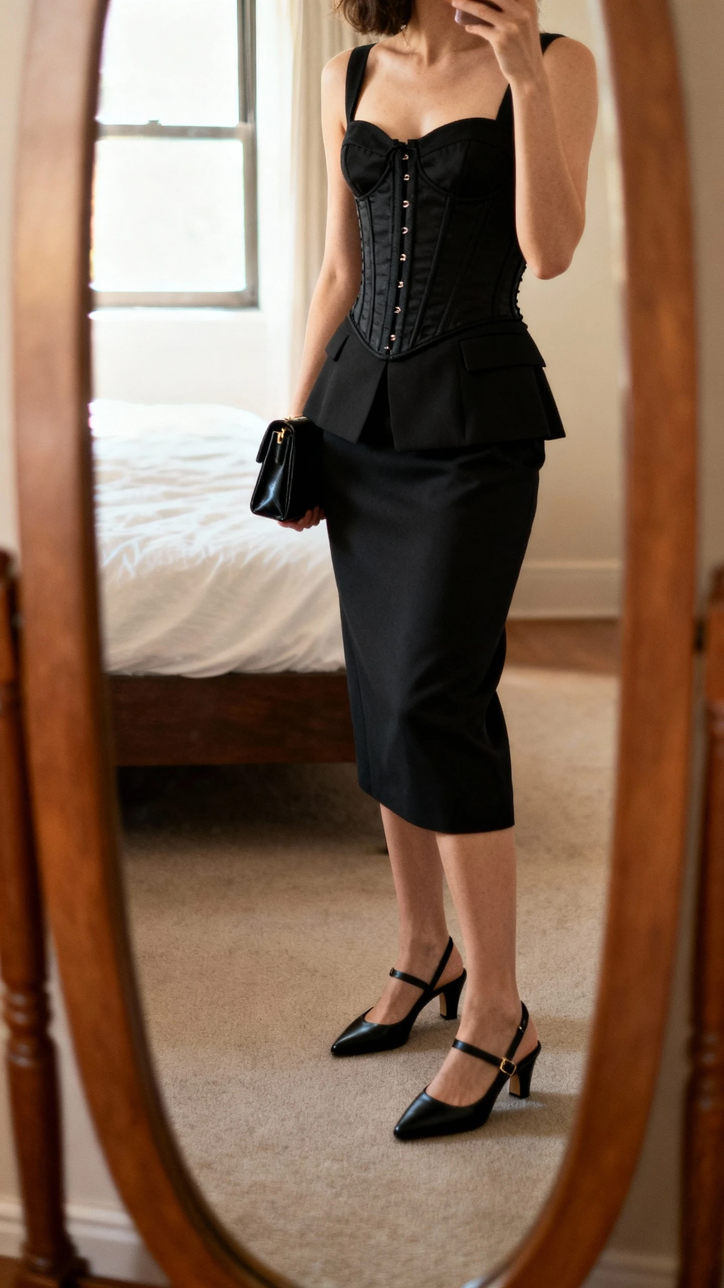 iPhone mirror selfie of a woman wearing a black corset top with a matching tailored black skirt set, black slingback heels, and a small black clutch, face not visible, side angle, bedroom mirror, natural window light, iPhone photo quality.