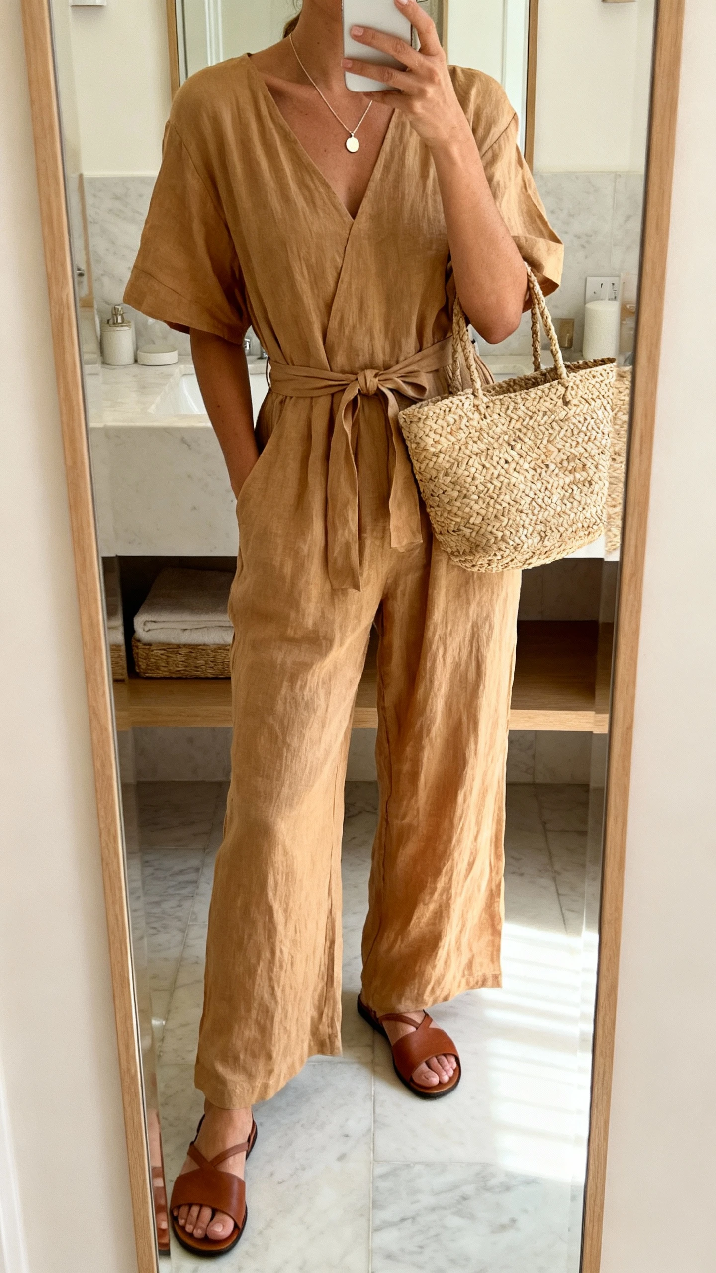 iPhone mirror selfie of a woman wearing a breezy tan linen jumpsuit with short sleeves and a tie waist, flat leather sandals, woven straw tote, delicate pendant necklace, face not visible, bathroom full-length mirror, soft morning light, iPhone photo quality.