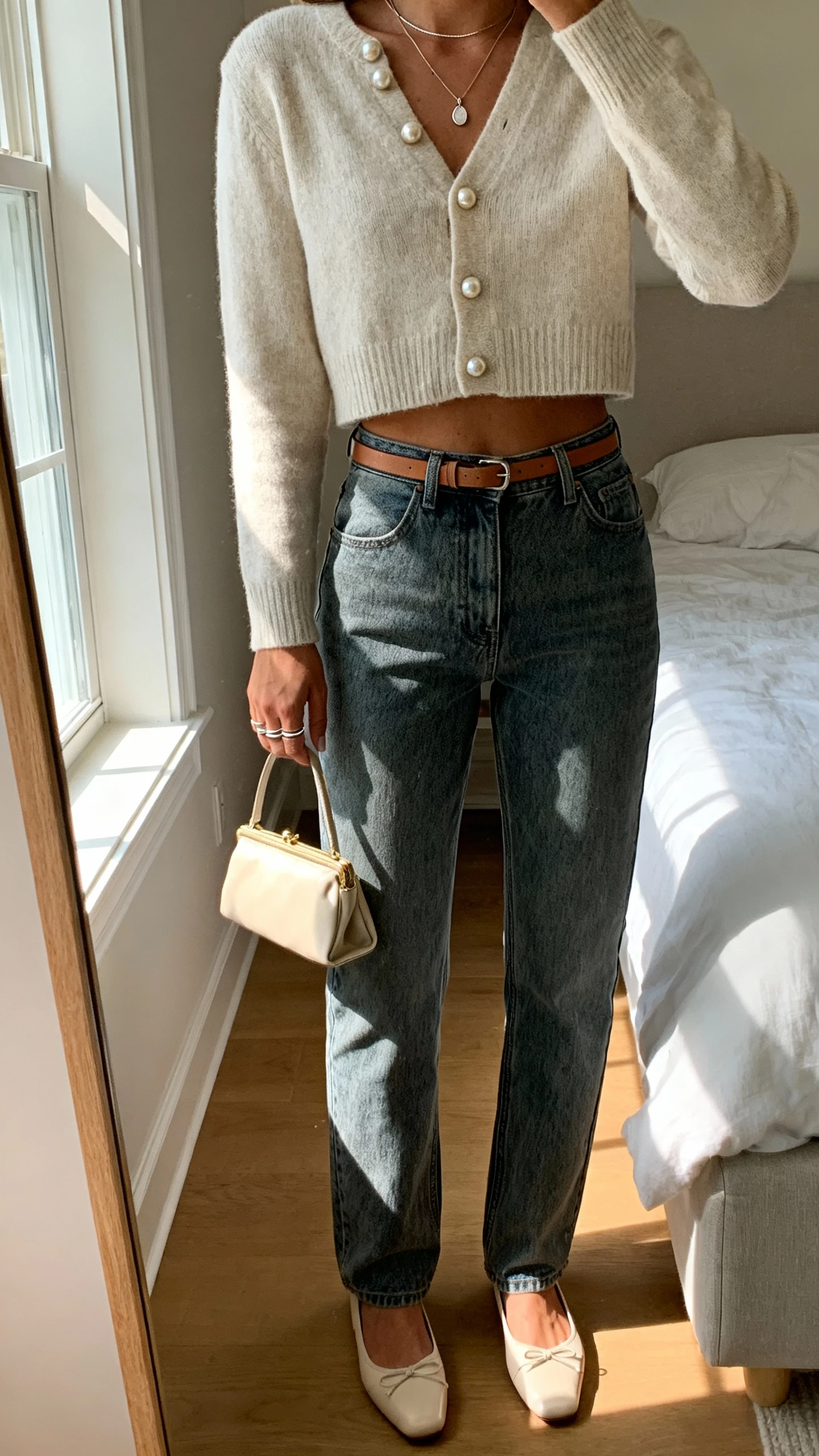 iPhone mirror selfie of a woman wearing a cropped cardigan with pearl buttons, mid-rise straight-leg medium-wash jeans, almond-toe ballet flats, a mini baguette bag, a delicate pendant necklace, thin stacking rings, and a thin leather belt, face not visible, cropped at shoulders, bedroom mirror with window light, iPhone photo quality.