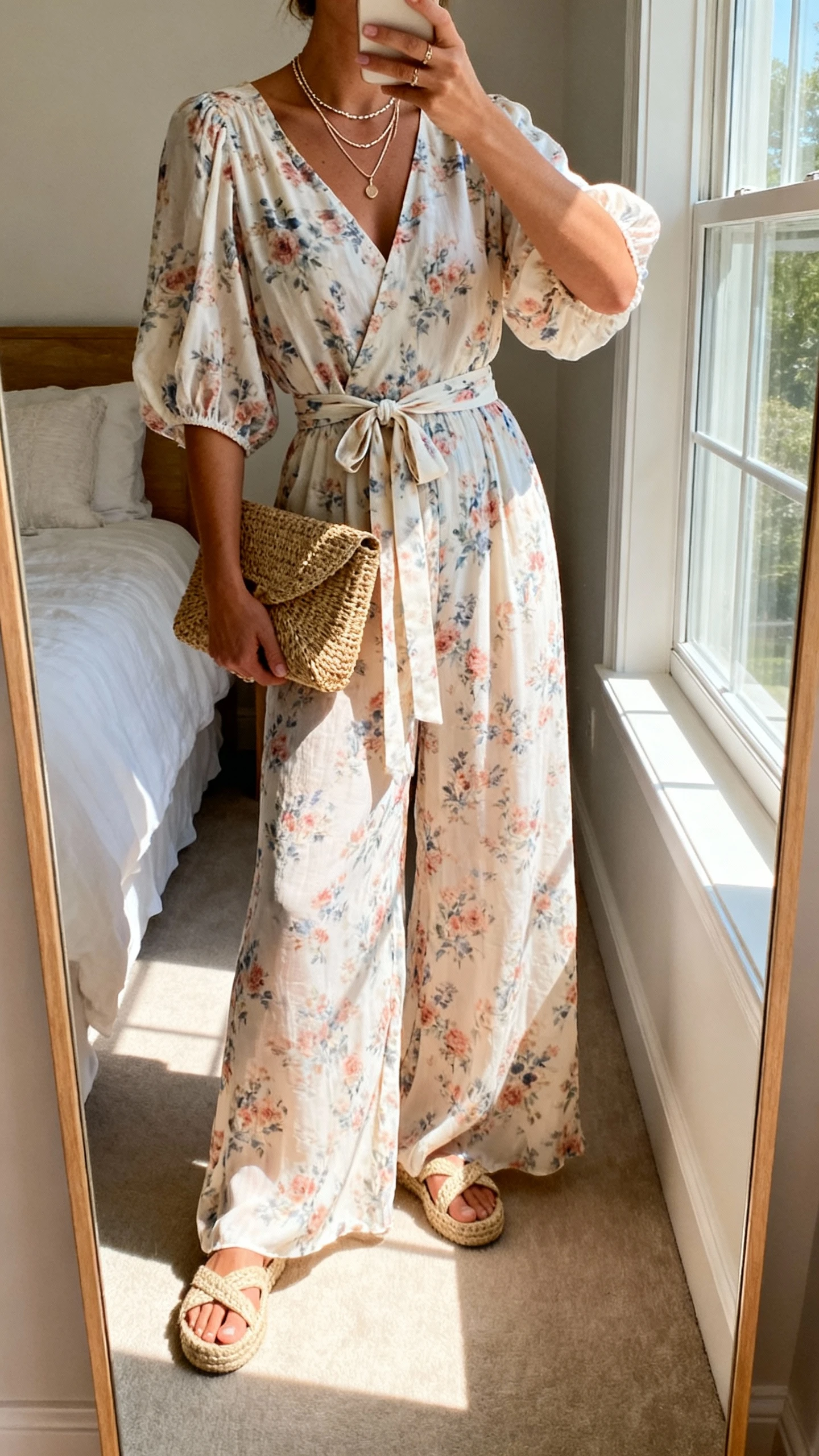 iPhone mirror selfie of a woman wearing a flowy wide-leg jumpsuit in airy floral print with a relaxed fit and sash belt, espadrille sandals, raffia clutch, layered delicate necklaces, face not visible, bedroom full-length mirror, sunlit window light, iPhone photo quality.