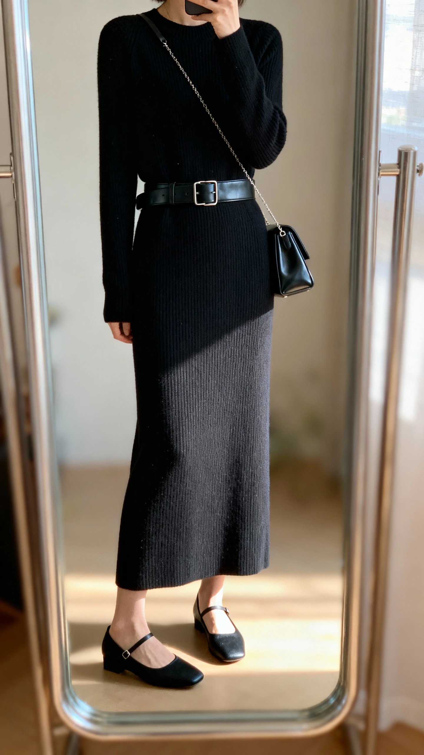 iPhone mirror selfie of a woman wearing a long black knit column dress with sleek black leather belt, black minimalist heels, and delicate black shoulder bag, face not visible, cropped at neck, full-length mirror, diffused afternoon light, iPhone photo quality.