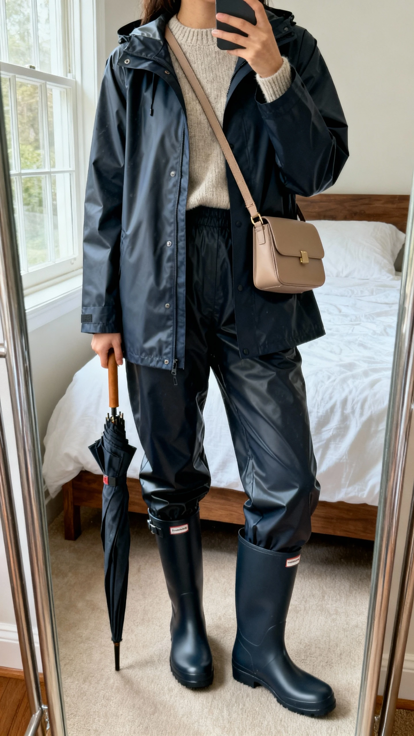 iPhone mirror selfie of a woman wearing a matching monochrome raincoat and rain pants, minimalist sweater underneath, sleek rain boots, tonal crossbody, small umbrella, face not visible, cropped at neck, bedroom mirror, natural window light, iPhone photo quality.