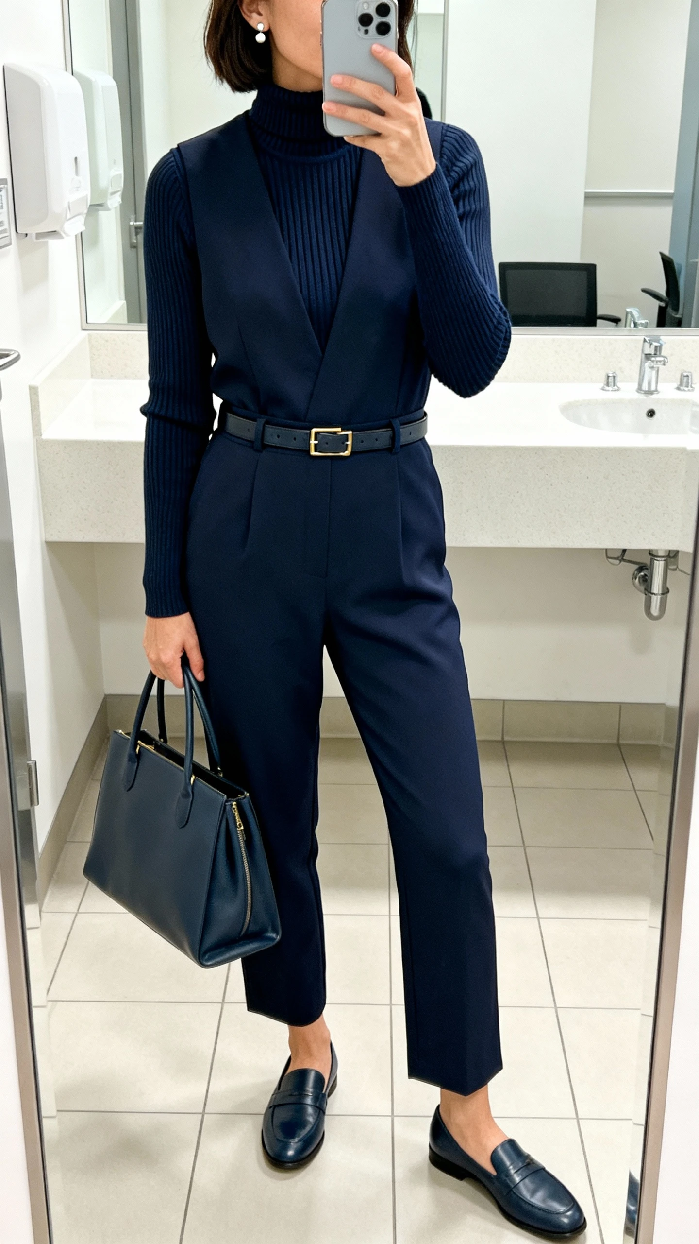 iPhone mirror selfie of a woman wearing a navy tailored jumpsuit layered with a fine rib knit turtleneck underneath, loafers, slim leather belt, structured tote, subtle stud earrings, face not visible, office bathroom mirror, bright indoor lighting, iPhone photo quality.