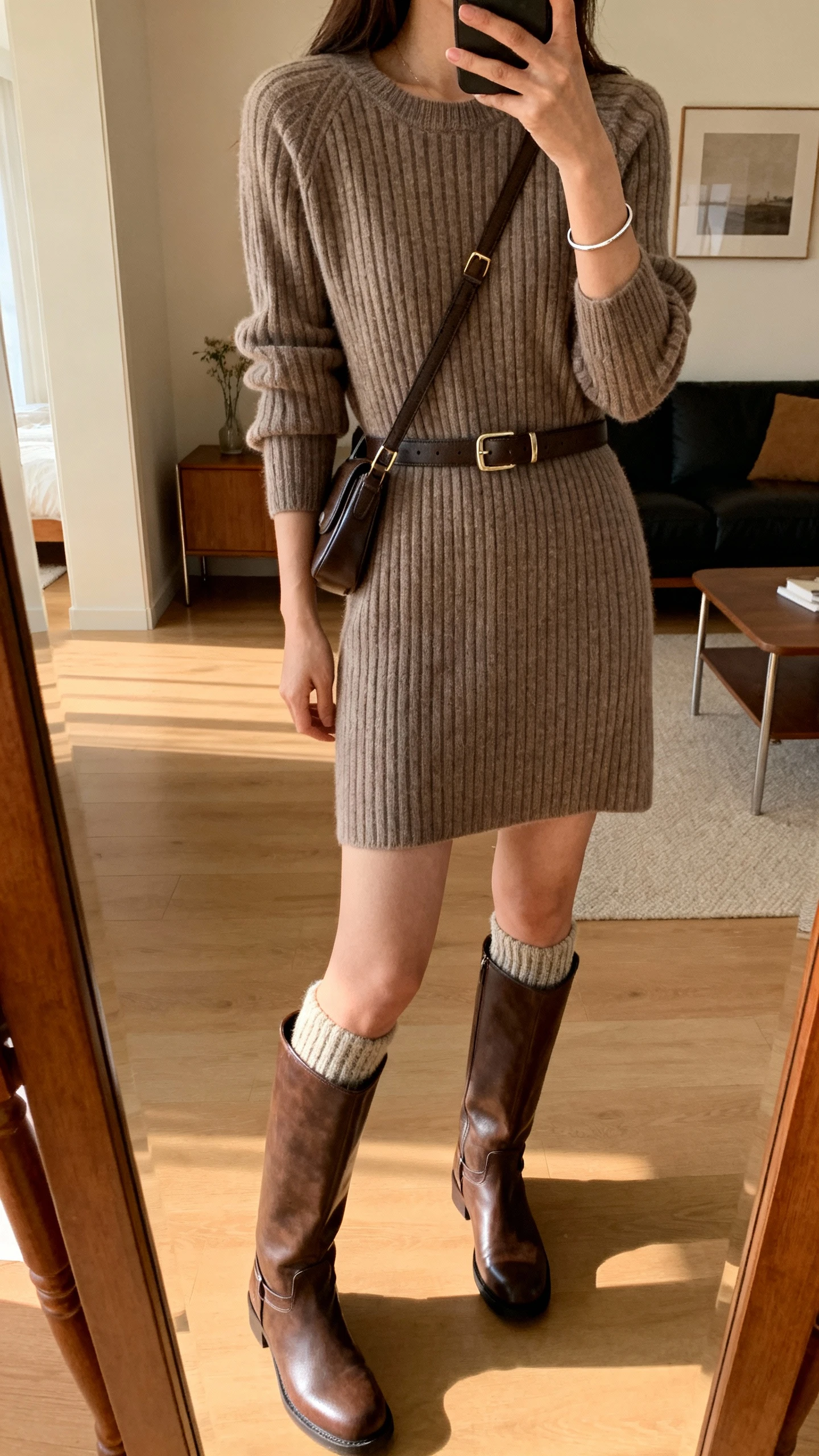 iPhone mirror selfie of a woman wearing a ribbed sweater dress with knee-high boots, waist belt, crossbody bag, cozy socks peeking, simple bracelet, face not visible, cropped at neck, living room mirror, warm indoor lighting, iPhone photo quality