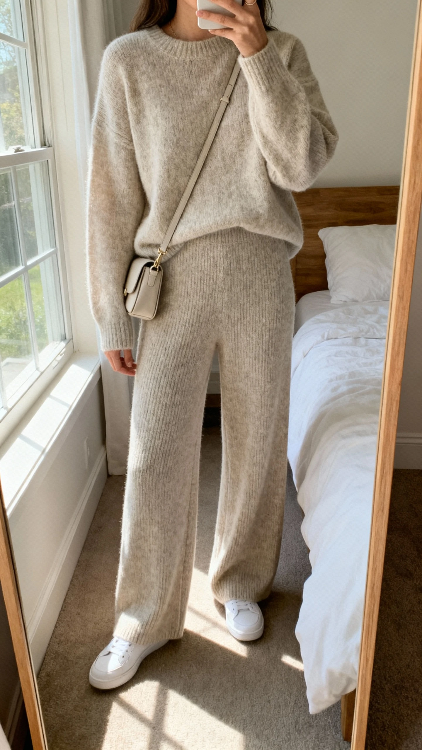 iPhone mirror selfie of a woman wearing an elevated matching knit set (soft knit pullover and coordinating knit wide-leg pants), minimal white sneakers, small crossbody, face not visible, cropped at neck, bedroom mirror with natural morning window light, iPhone photo quality.