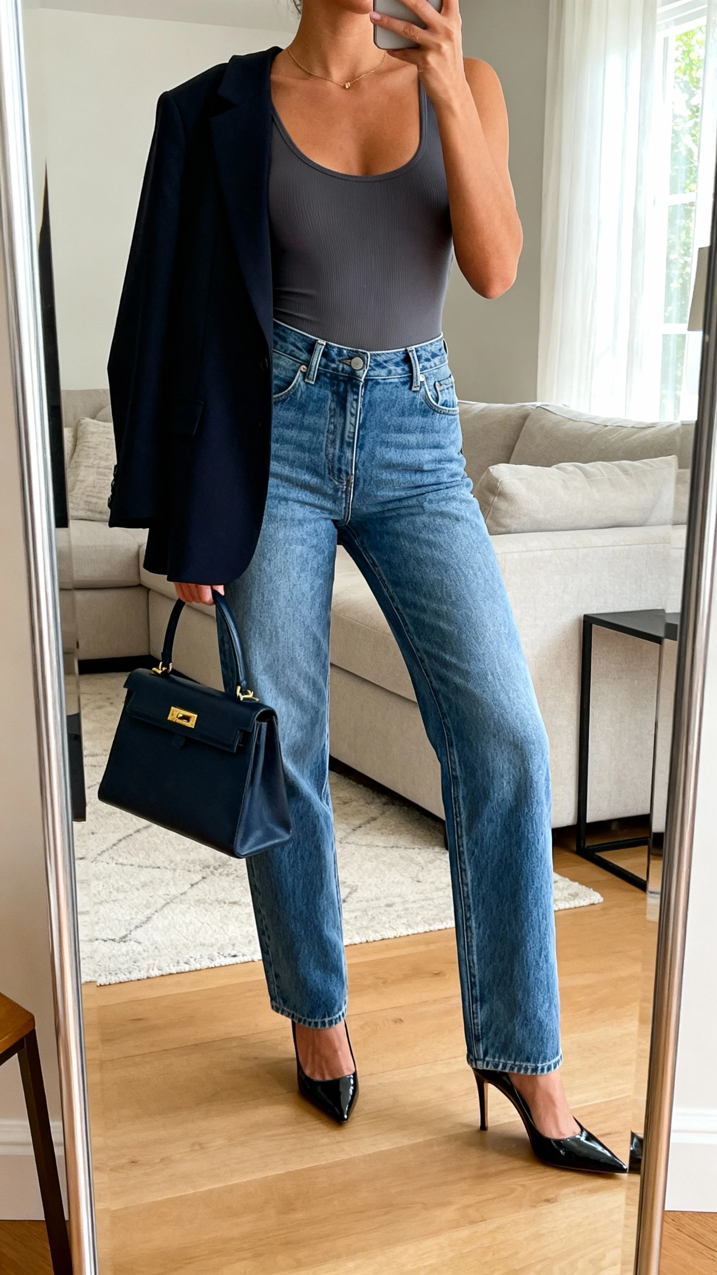iPhone mirror selfie of a woman wearing straight-leg jeans with a fitted bodysuit, classic blazer draped over shoulders, sleek heels, and a structured handbag, face not visible, cropped at neck, living room mirror, natural daylight, iPhone photo quality.