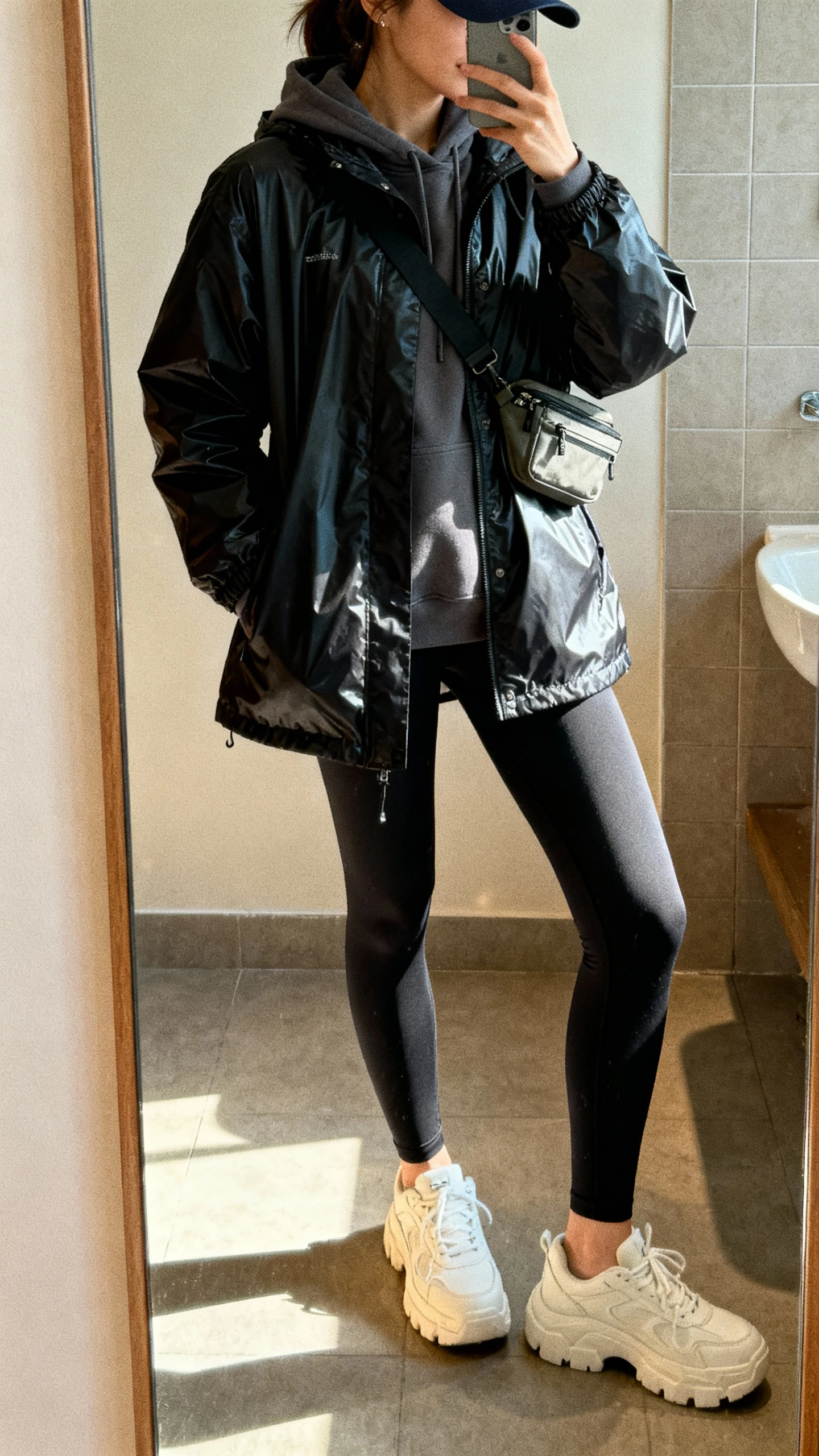 iPhone side-angle mirror selfie of a woman wearing a waterproof black windbreaker, charcoal hoodie, sleek black leggings, chunky white sneakers, sporty cap, crossbody belt bag, face not visible, bathroom mirror, indoor morning light, iPhone photo quality.