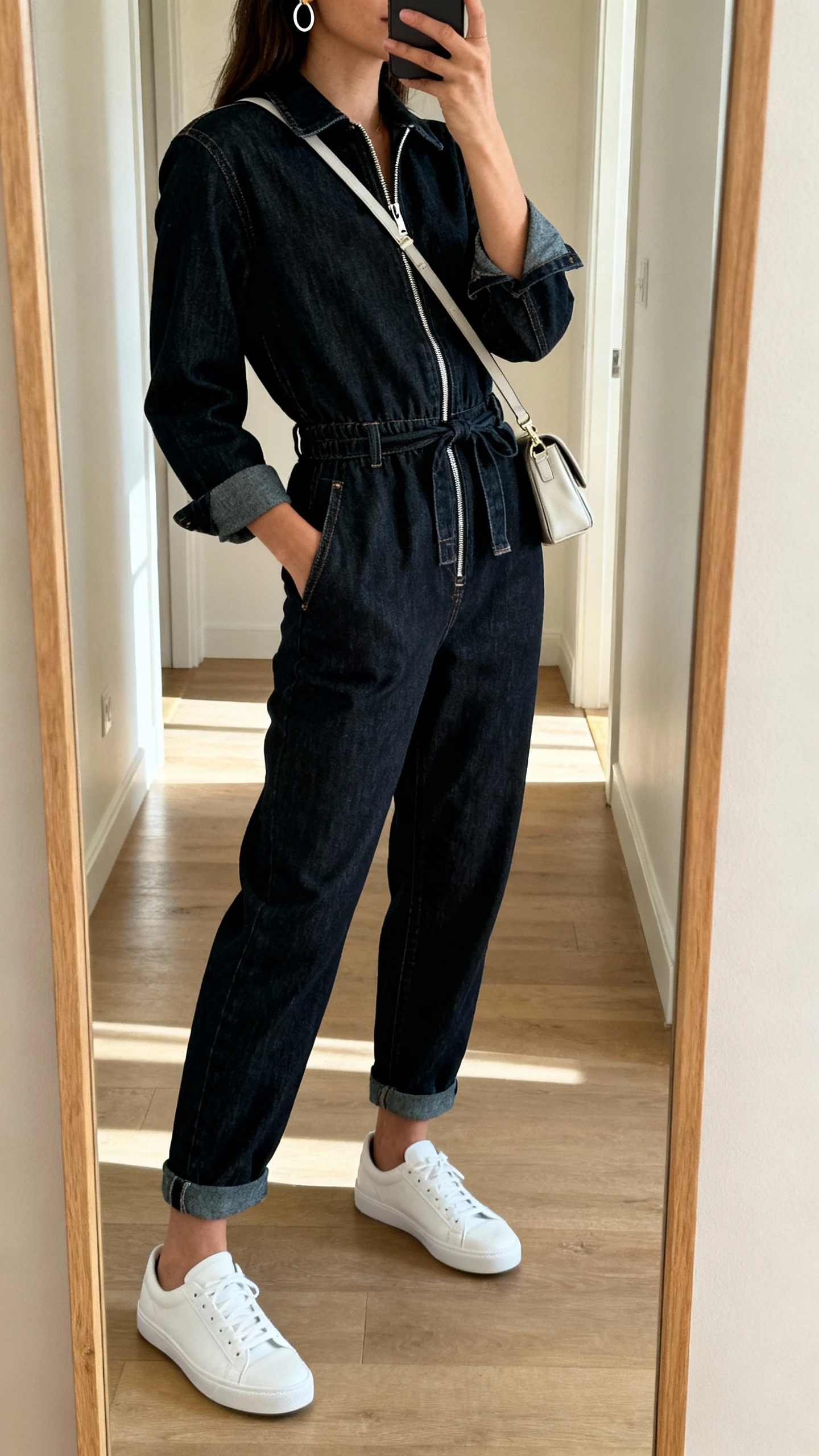 iPhone side-angle mirror selfie of a woman wearing a dark-wash denim jumpsuit with a zip front and cinched waist, clean white low-top sneakers, small crossbody bag, simple hoops, face not visible, hallway mirror, indoor daylight, iPhone photo quality.