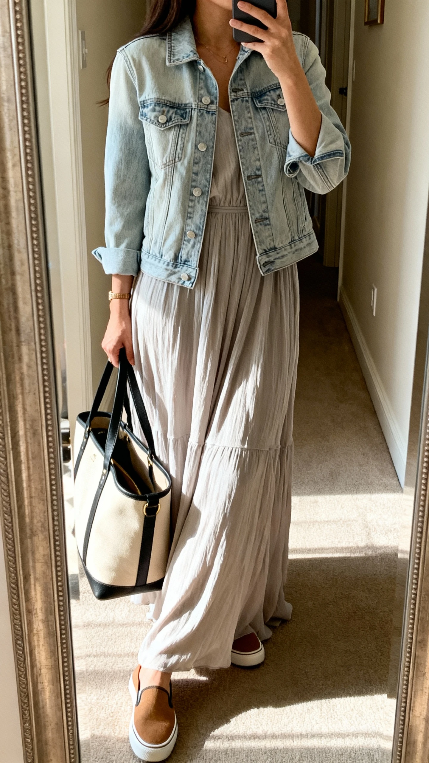 iPhone side-angle mirror selfie of a woman wearing a flowy maxi dress with a light wash denim jacket, slip-on flats, weekender bag, face not visible, hallway mirror with natural afternoon light, iPhone photo quality.