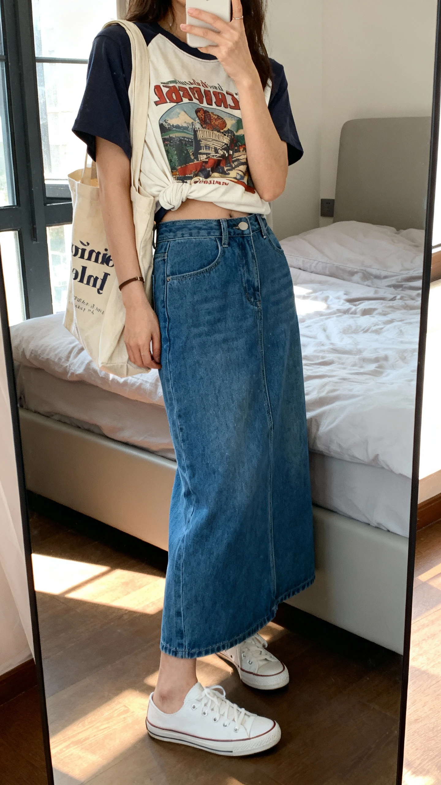iPhone side-angle mirror selfie of a woman wearing a vintage graphic tee half-tucked into a blue denim maxi skirt with white sneakers and a canvas tote, face not visible, bedroom mirror, morning window light, iPhone photo quality.