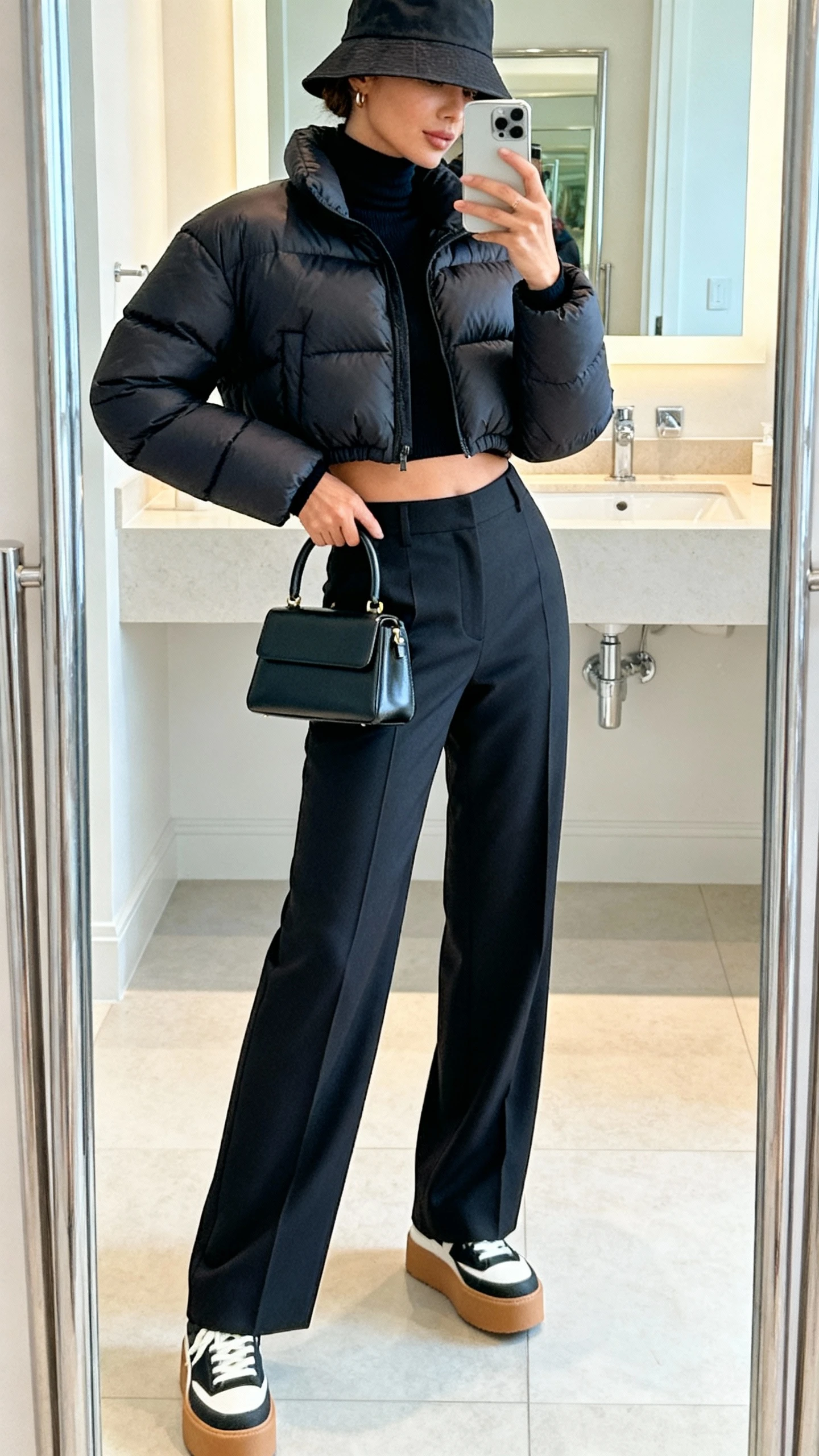 iPhone side-angle mirror selfie of a woman wearing a cropped puffer jacket, wide-leg tailored trousers, sleek turtleneck, platform sneakers, mini top-handle bag, bucket hat, face not visible, bathroom mirror, bright indoor lighting, iPhone photo quality.